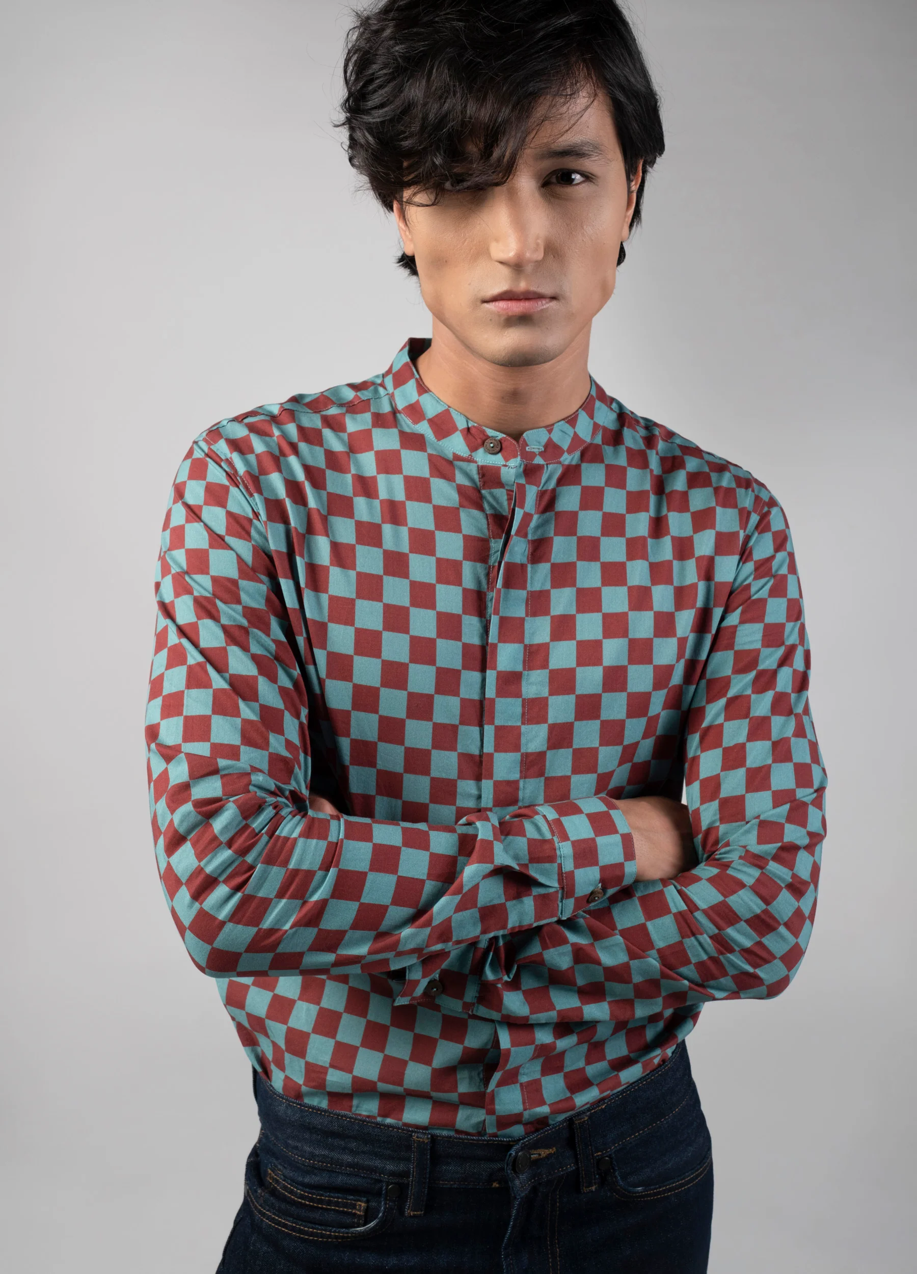 Syrah Checkers Mandarin Shirt