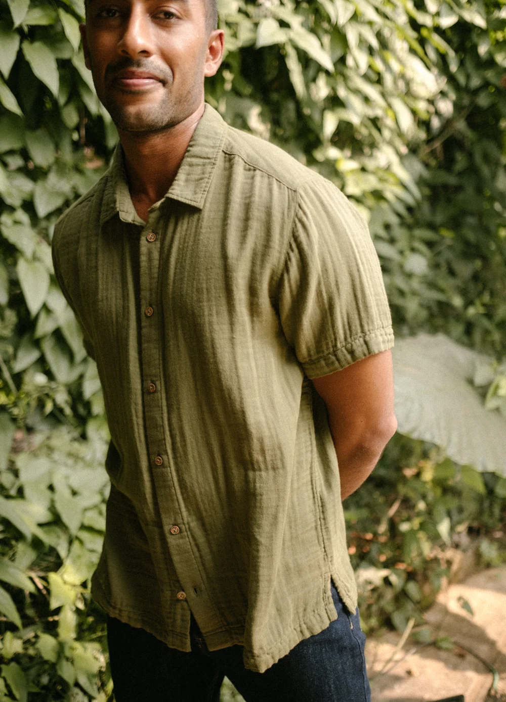 Olive Airy Half-Sleeve Shirt