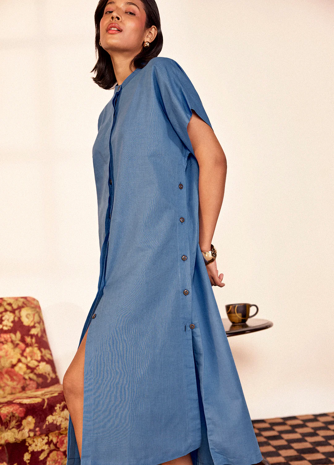 Dimple Linen Dress In Cobalt
