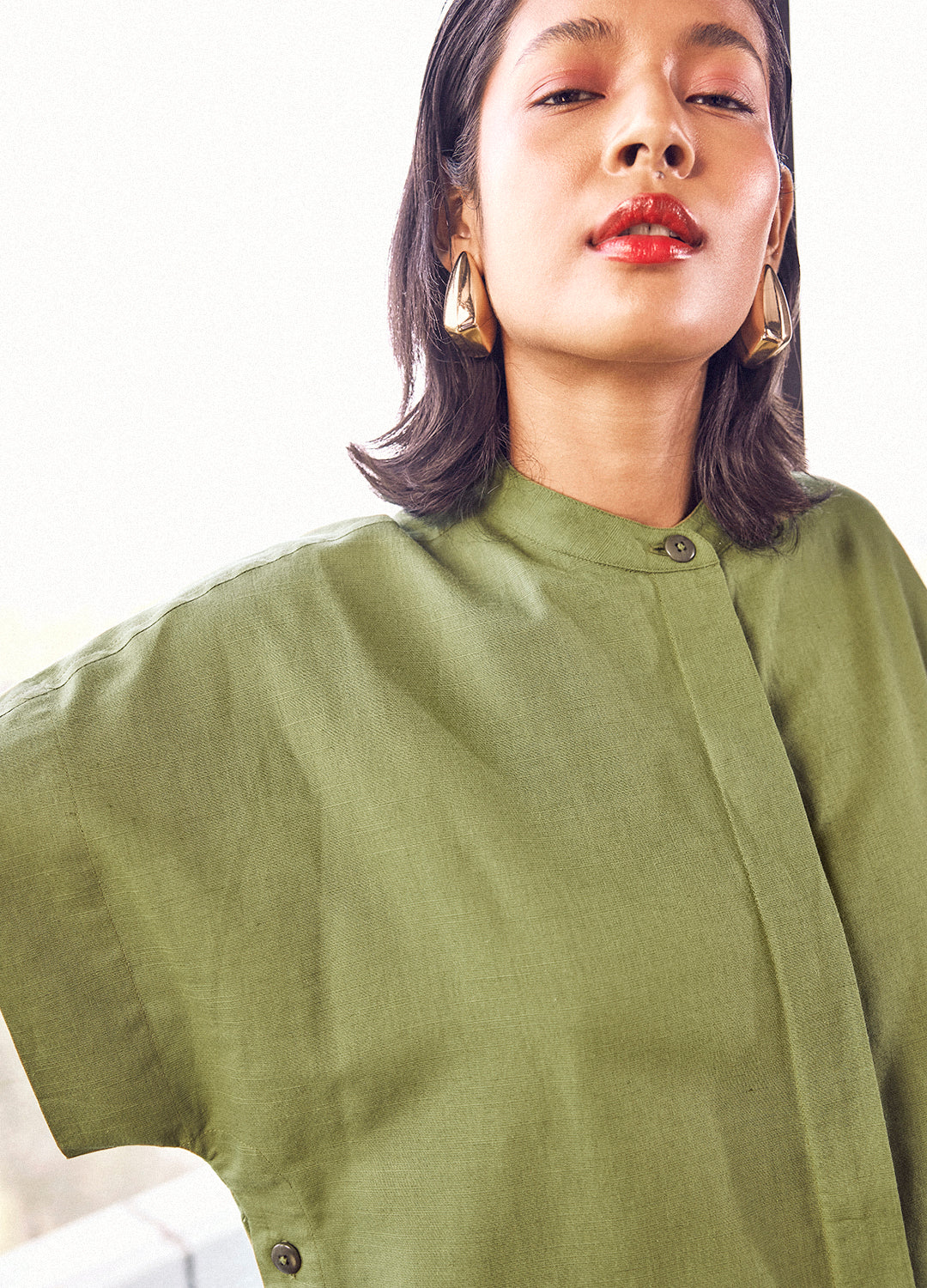 Dimple Linen Dress In Olive