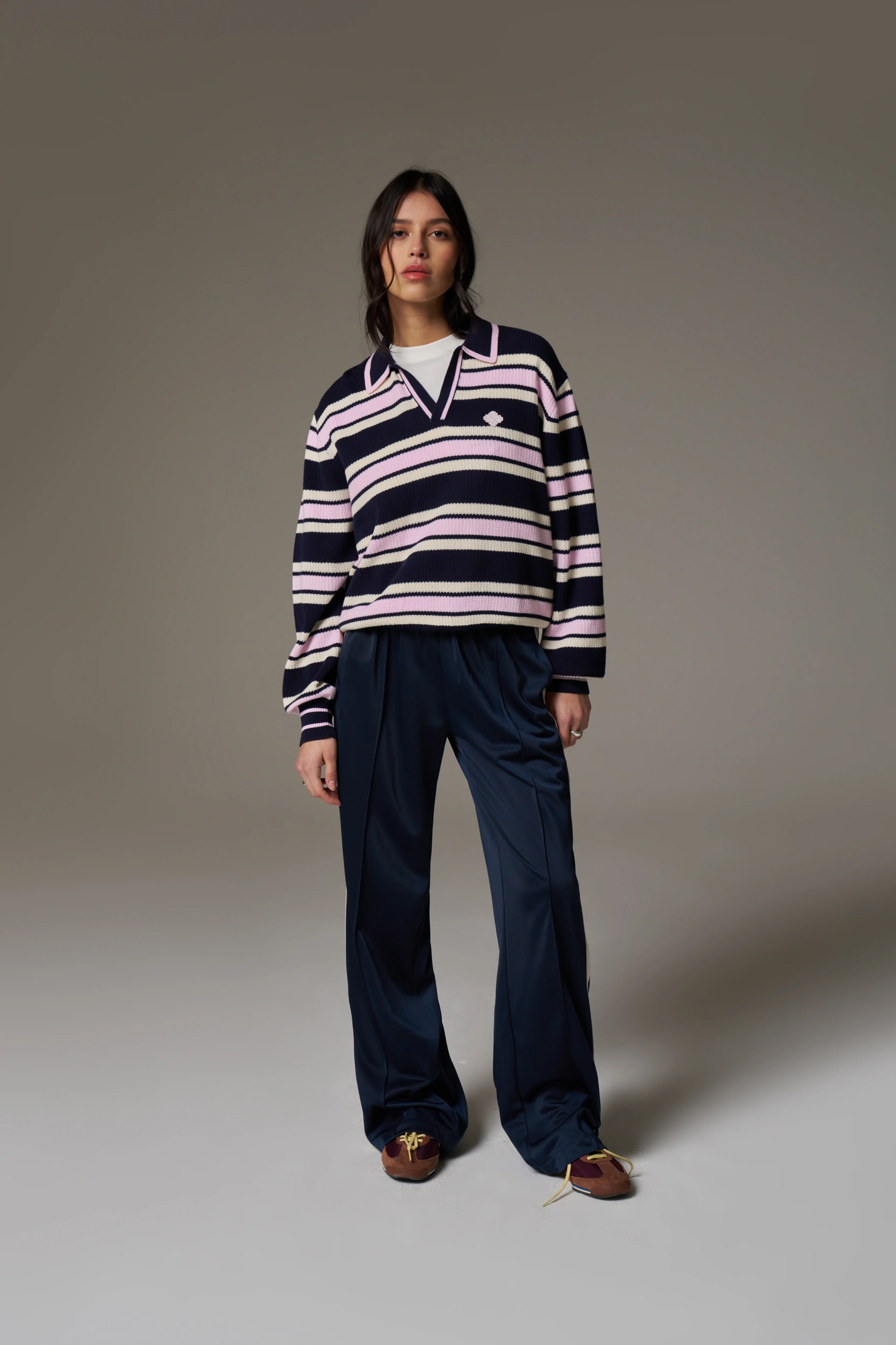 STRIPE KNITTED POLO SWEATSHIRT - NAVY