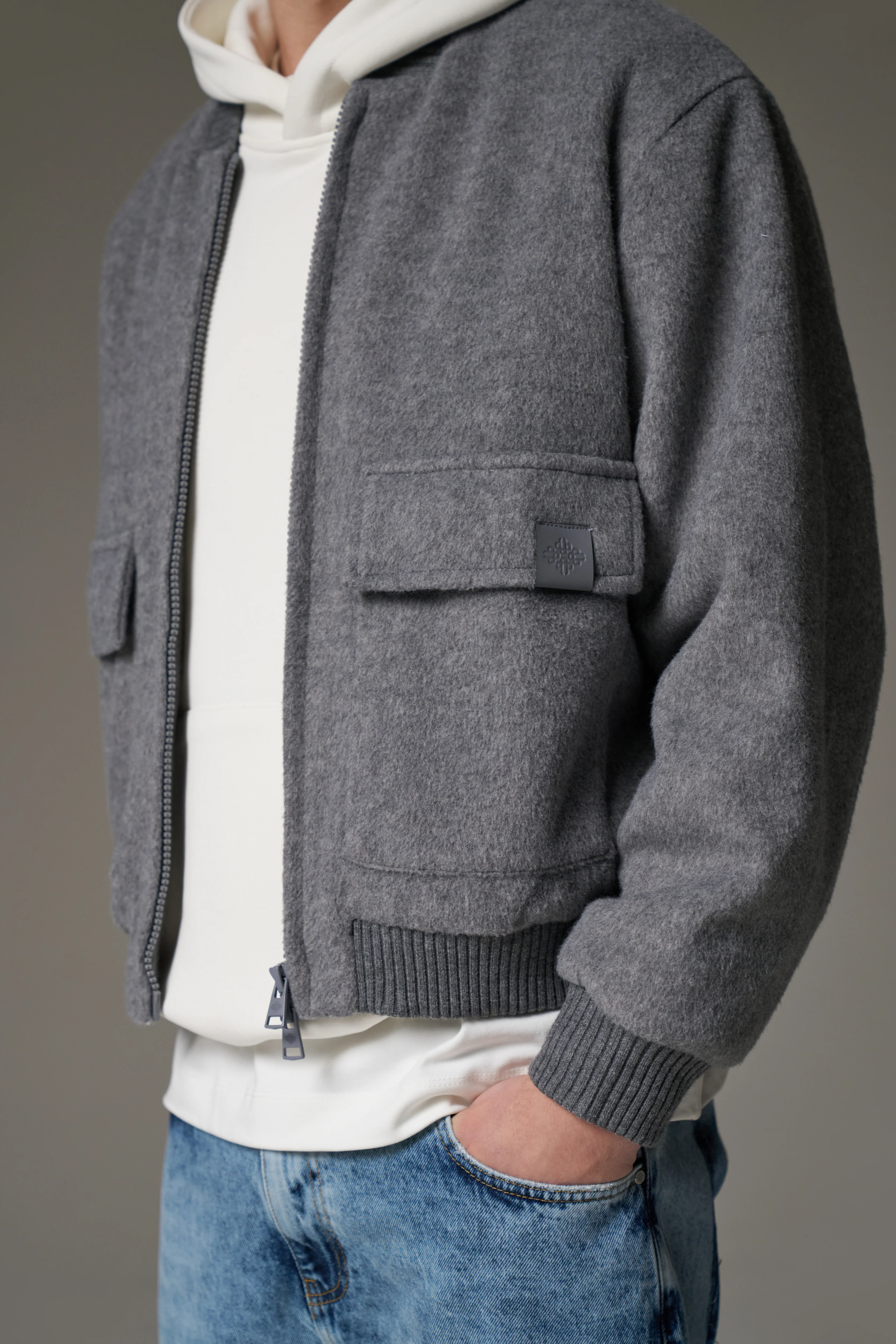 WOOL BLEND BOMBER JACKET - GREY MARL