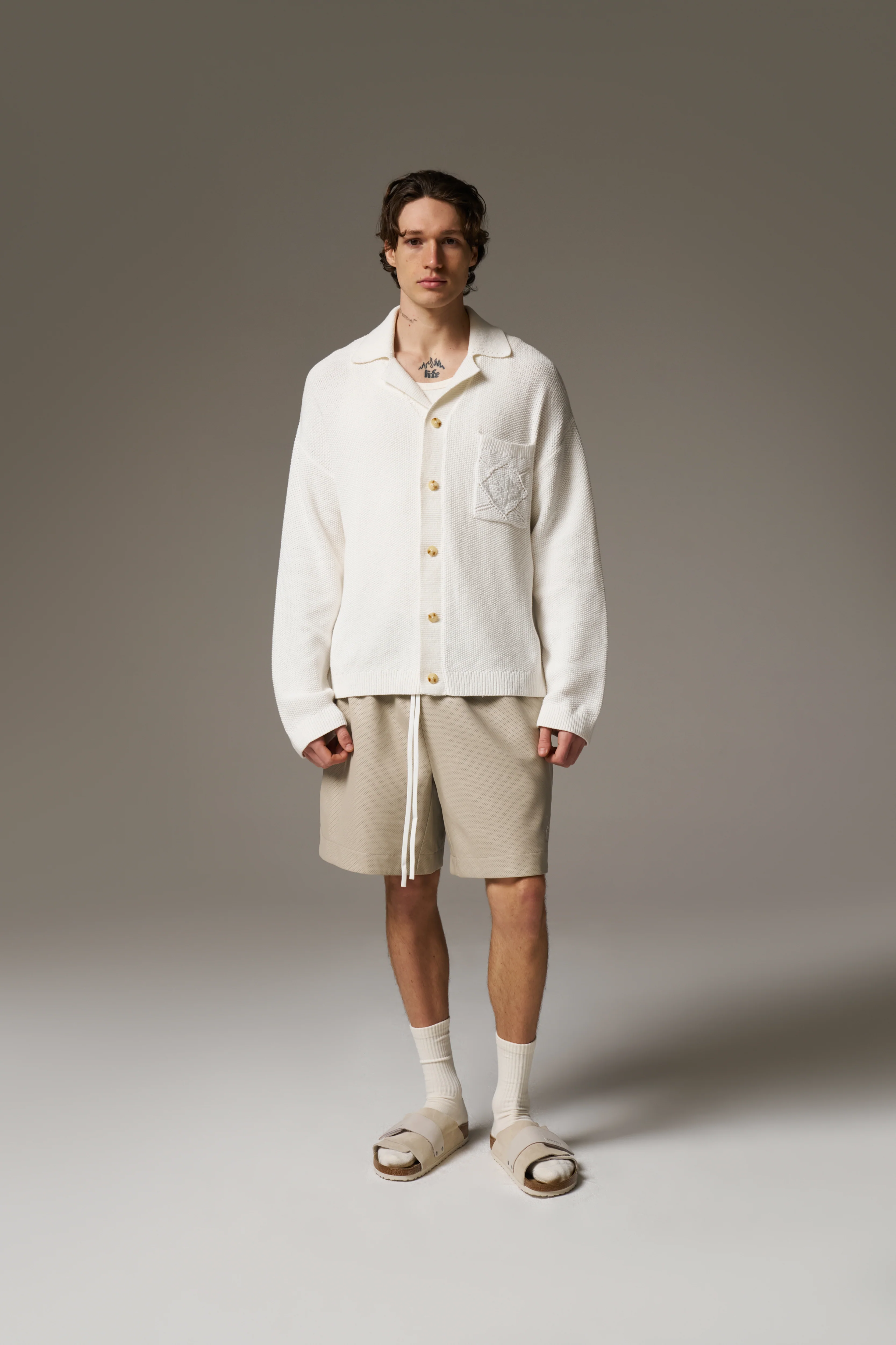 CROCHET KNITTED EMBLEM POCKET SHIRT - OFF WHITE