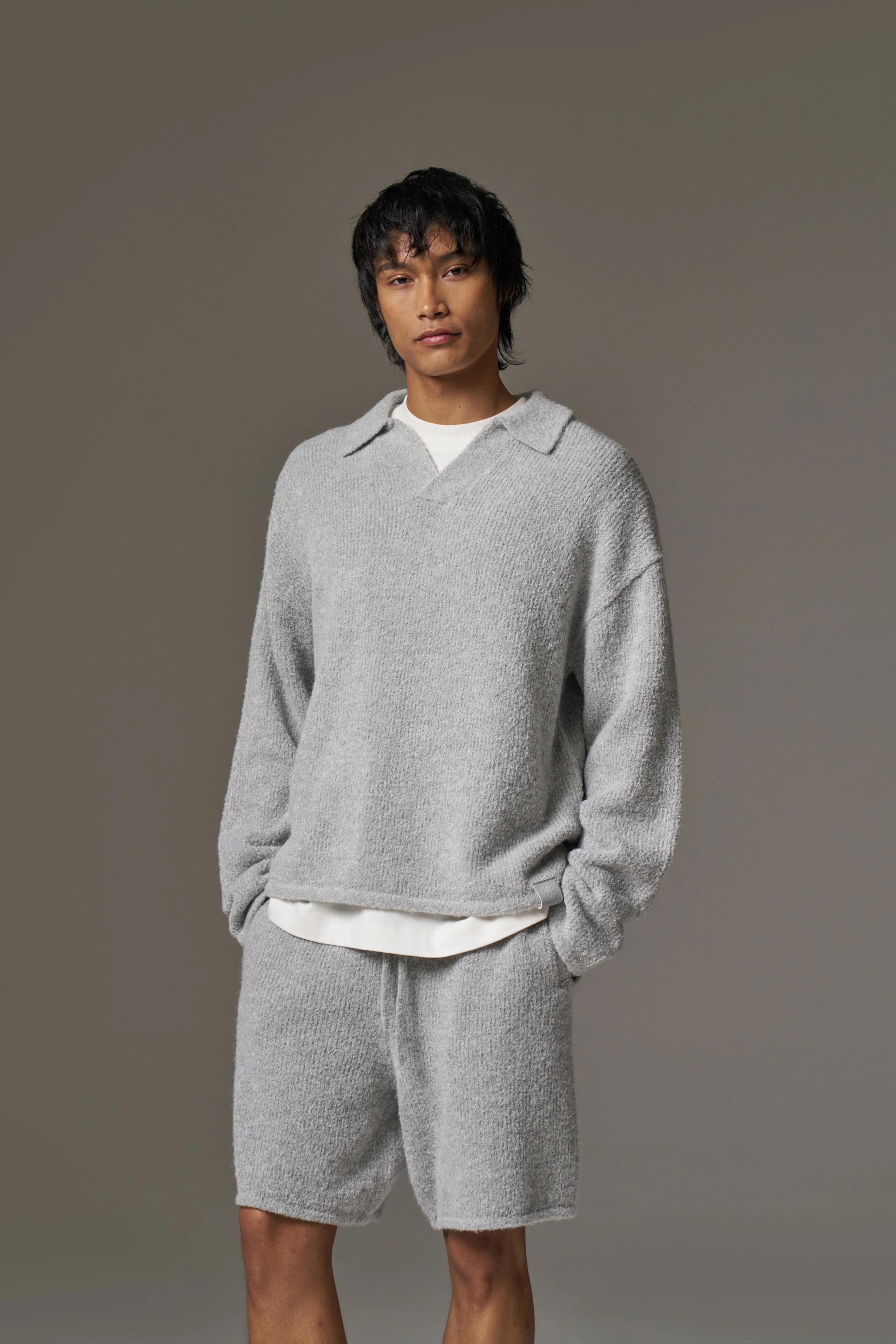 BOUCLE KNIT LONG SLEEVE POLO - GREY MARL