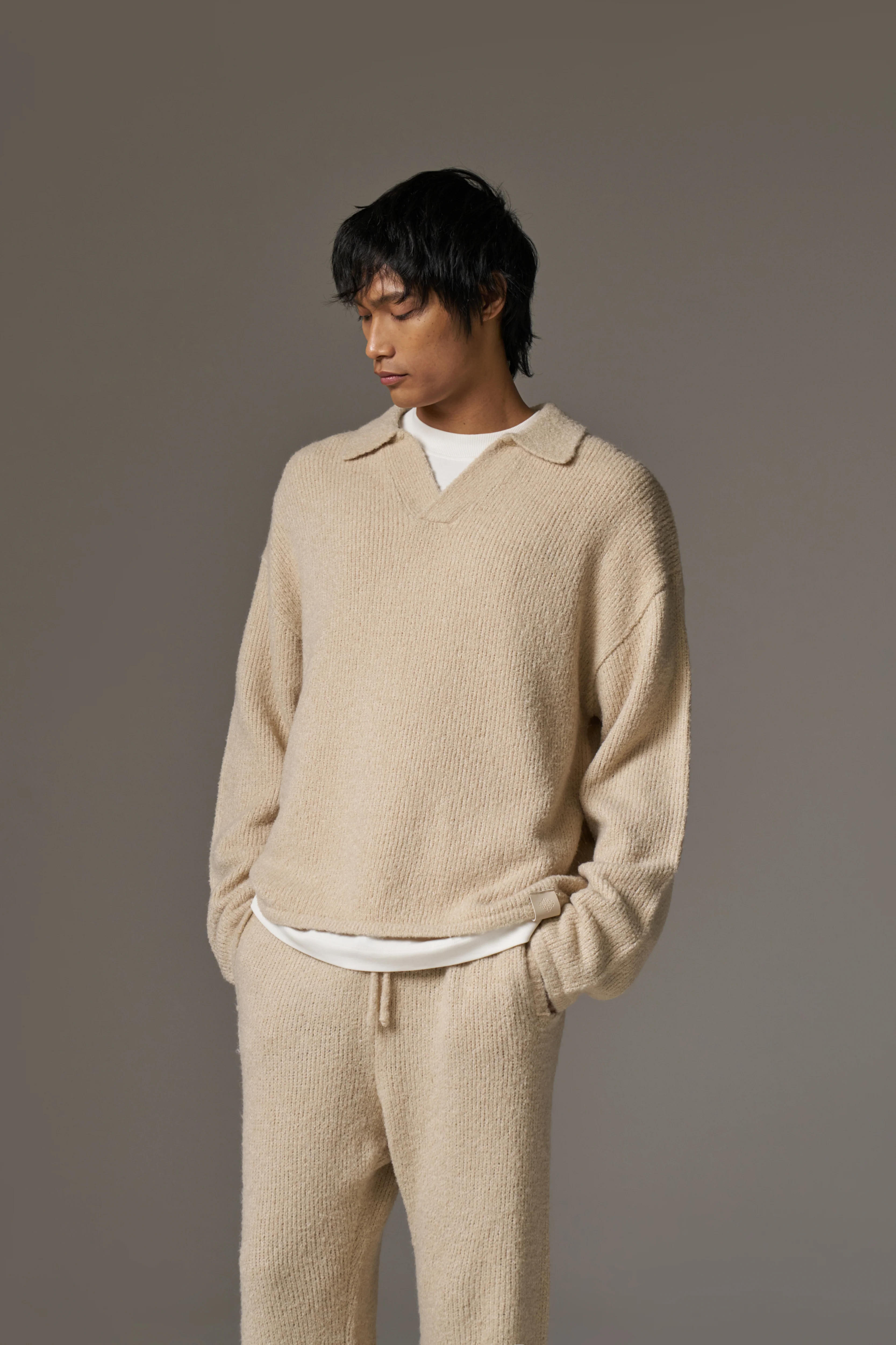 BOUCLE KNIT LONG SLEEVE POLO - STONE