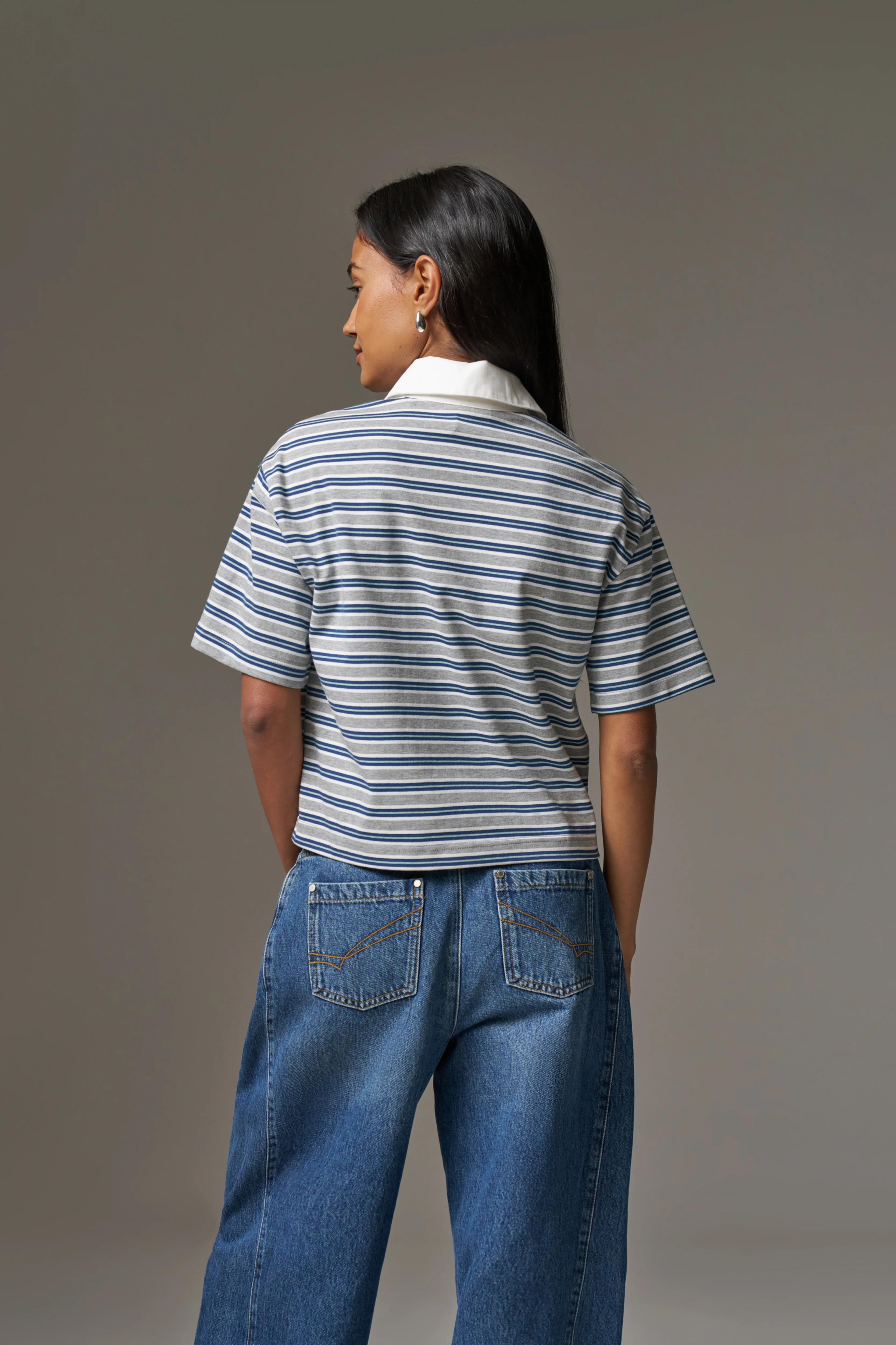 STRIPED POLO TEE - GREY