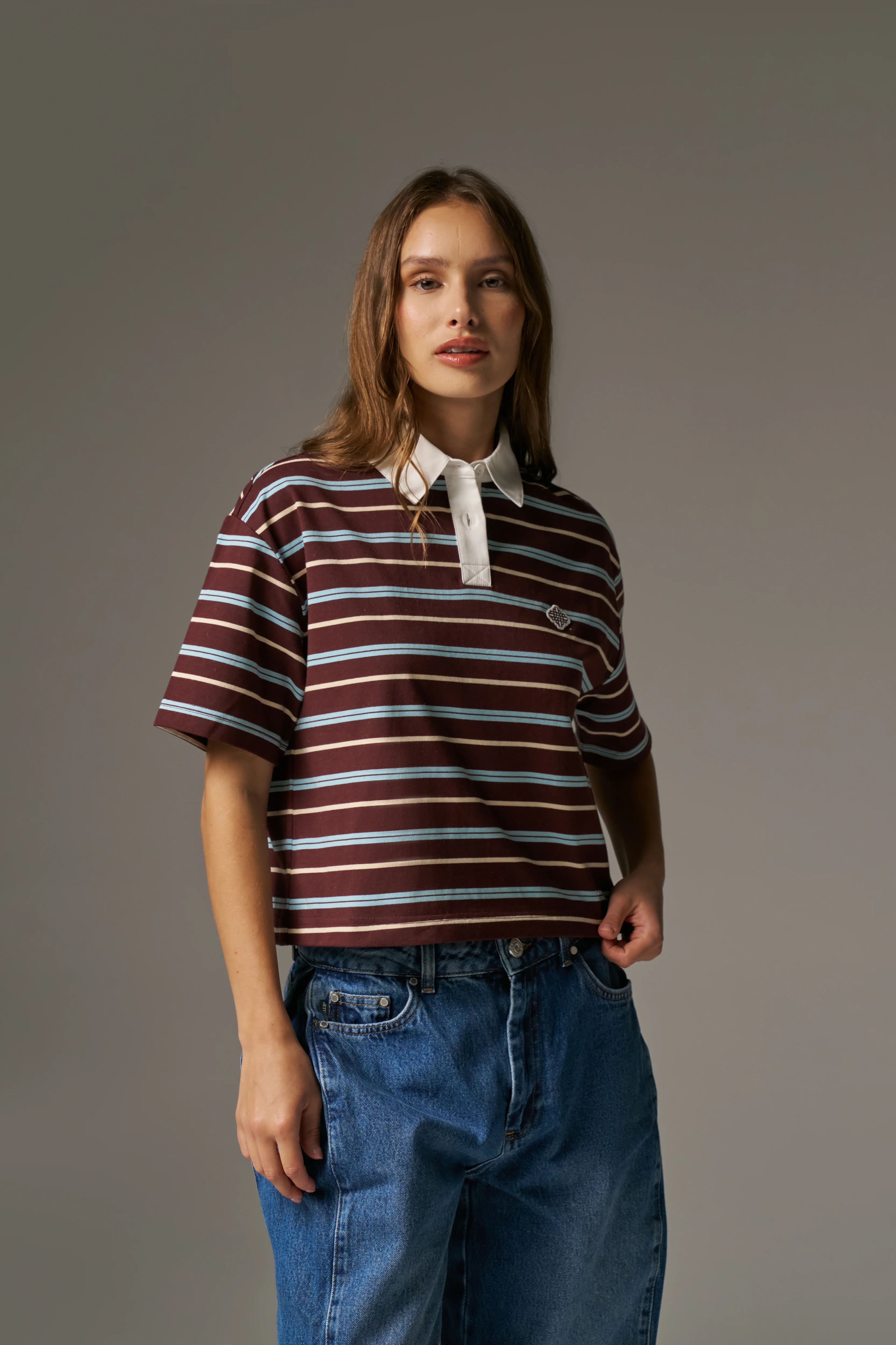 STRIPED POLO TEE - CHOCOLATE