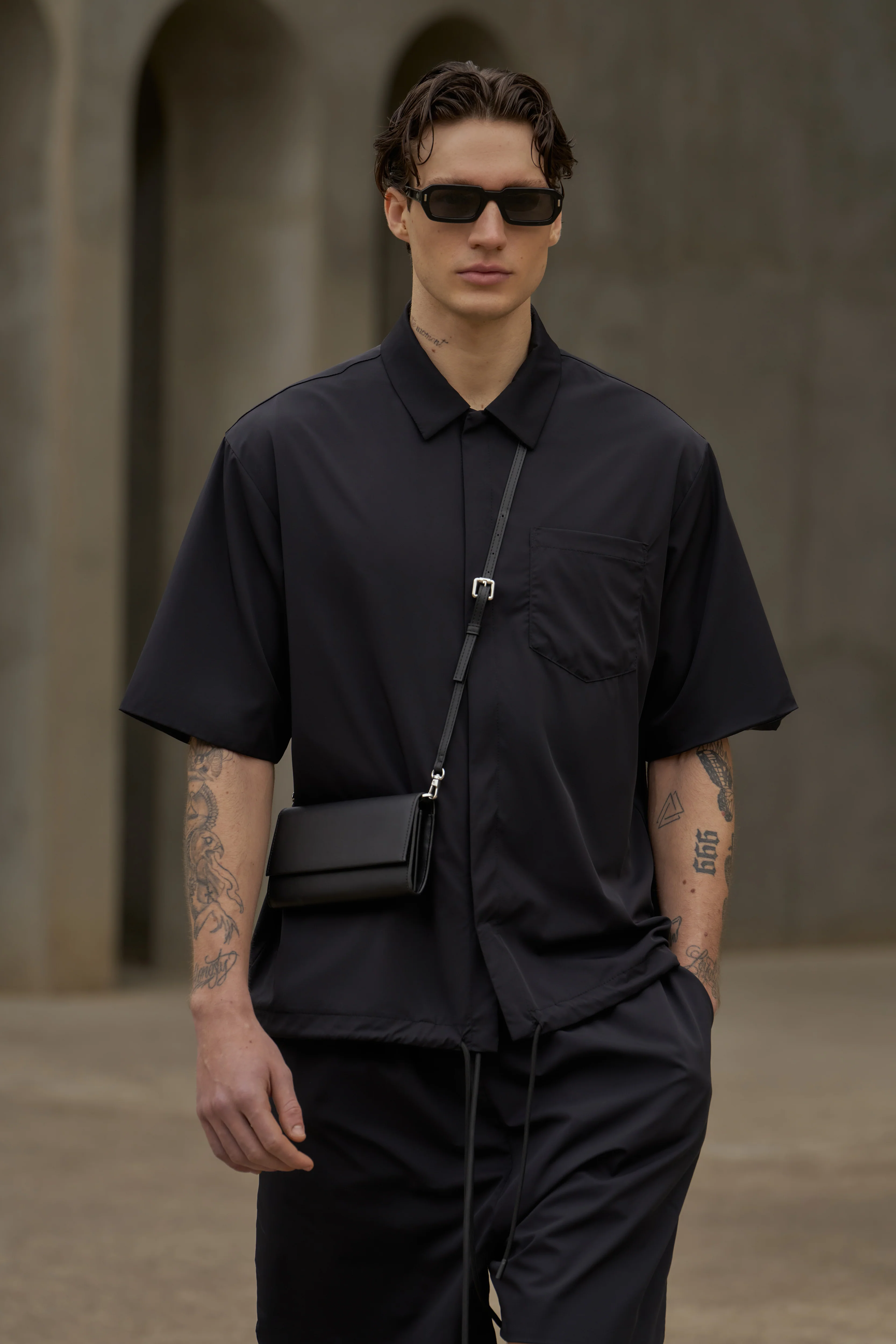 NYLON DRAWCORD SHIRT - BLACK
