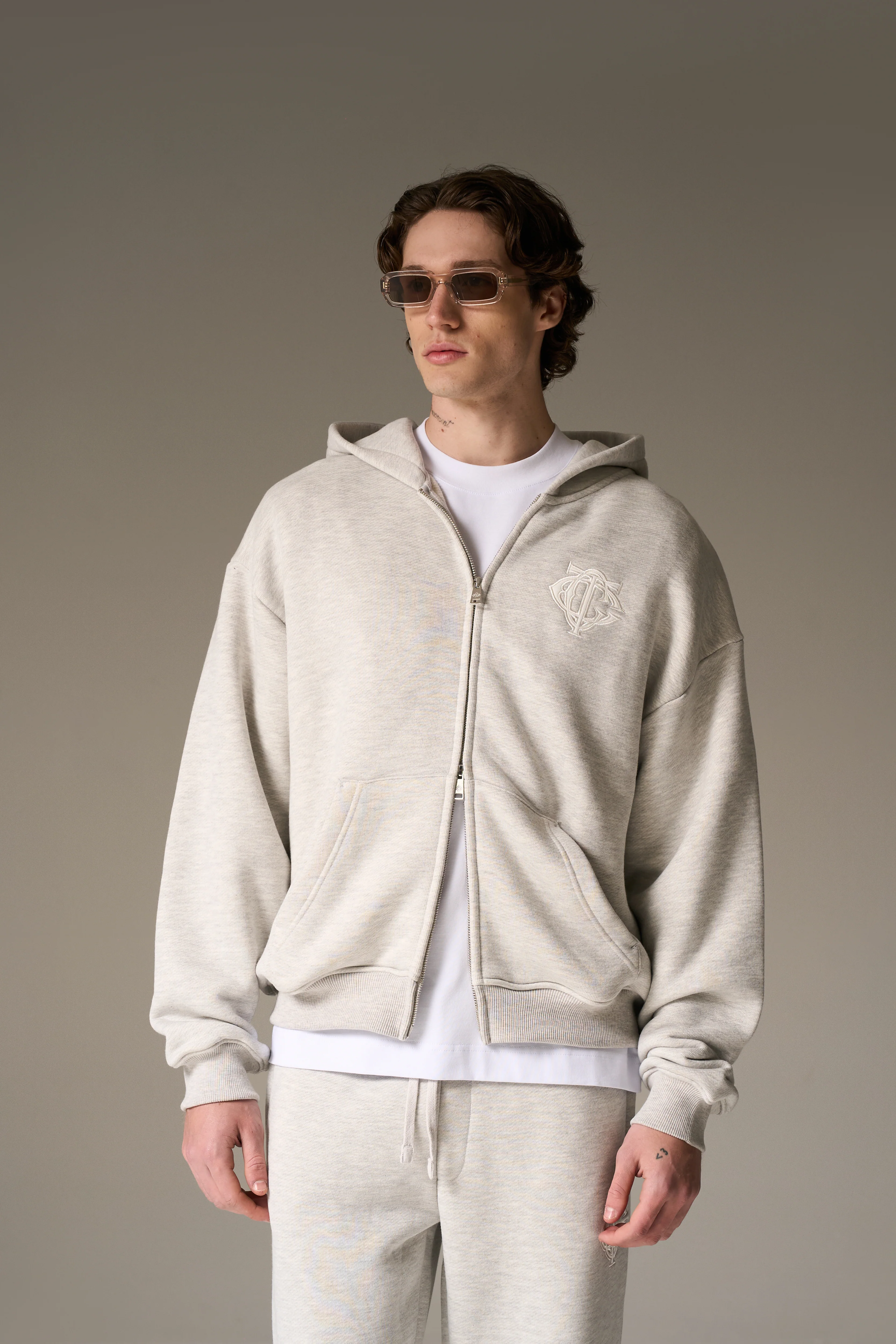 HEAVYWEIGHT MONOGRAM EMBLEM ZIP THROUGH - GREY MARL