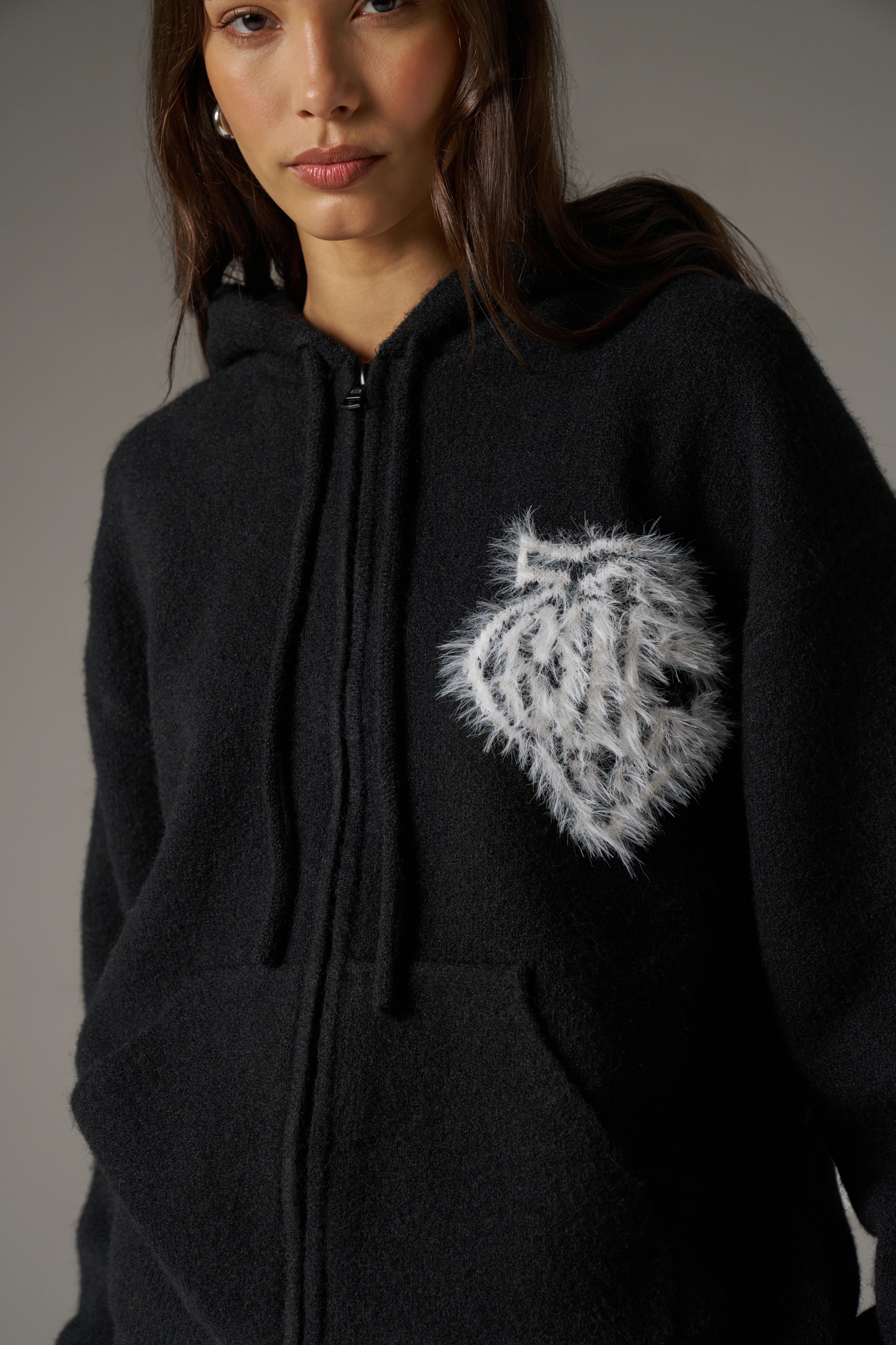 MONOGRAM EMBLEM FLUFFY KNIT ZIP THROUGH HOODIE - BLACK