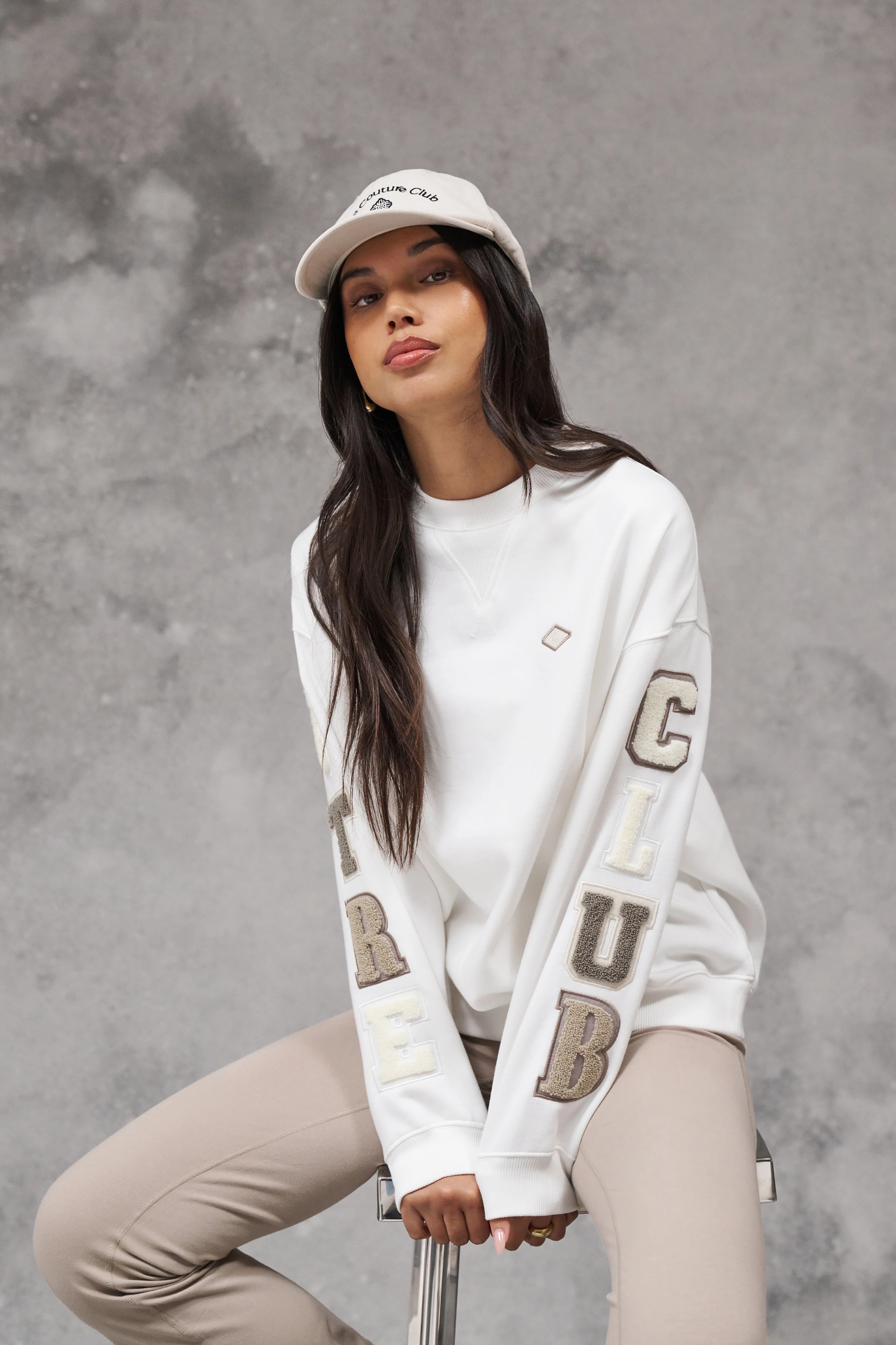 TONAL MULTIBADGED CHENILLE SWEATSHIRT - BEIGE