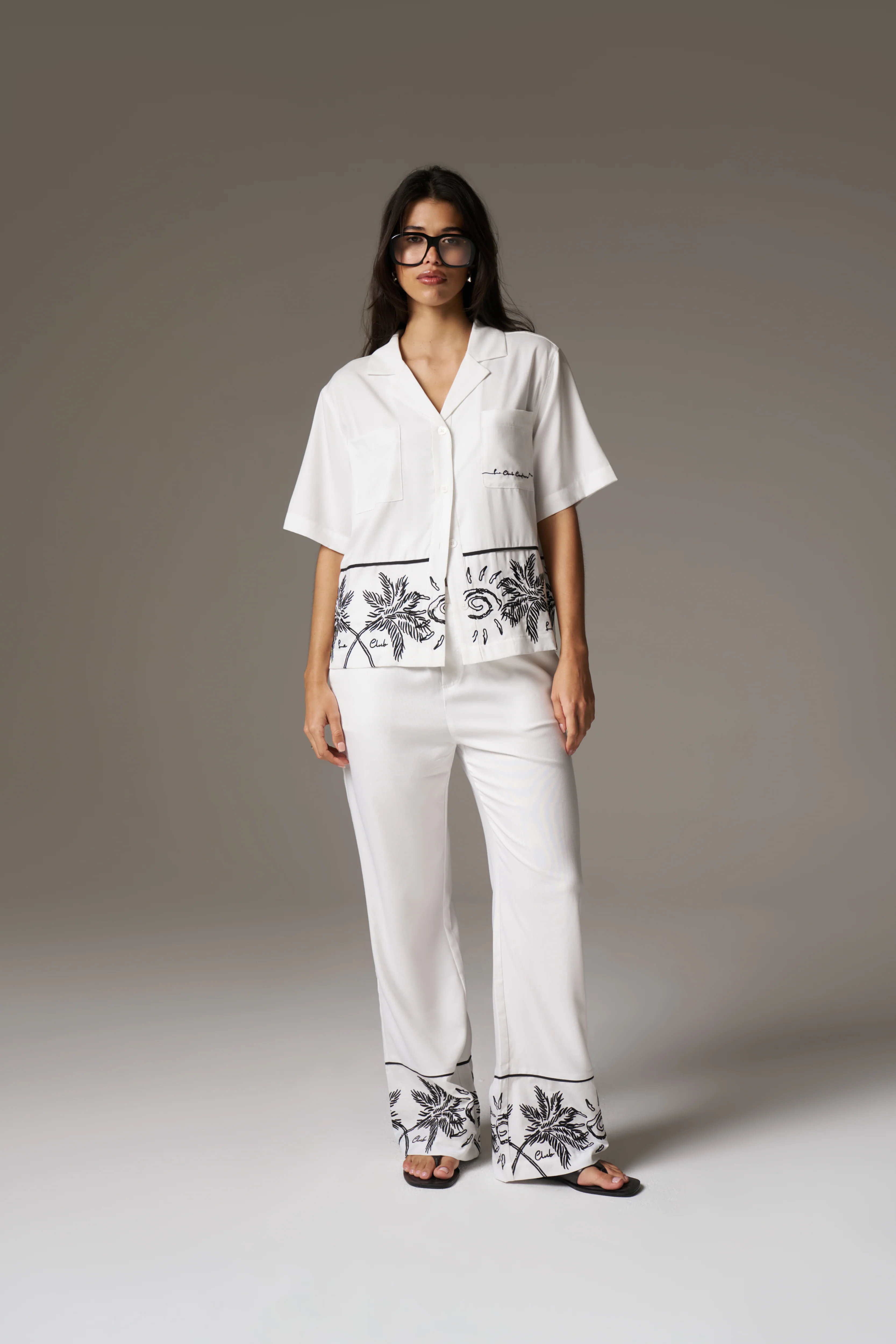 PALM EMBROIDERY WIDE LEG TROUSERS - WHITE