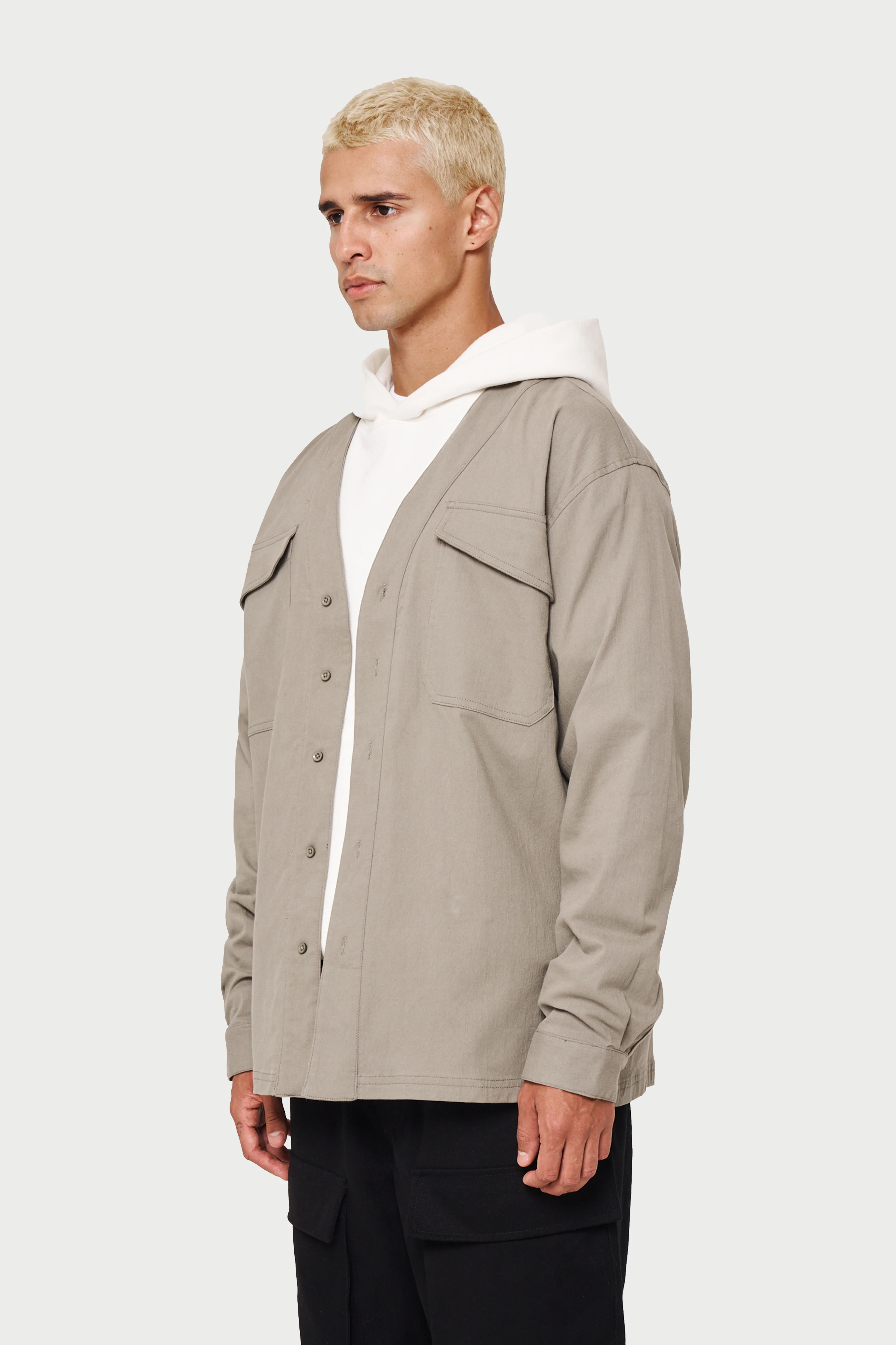 COLLARLESS STITCH DETAIL SHIRT - KHAKI