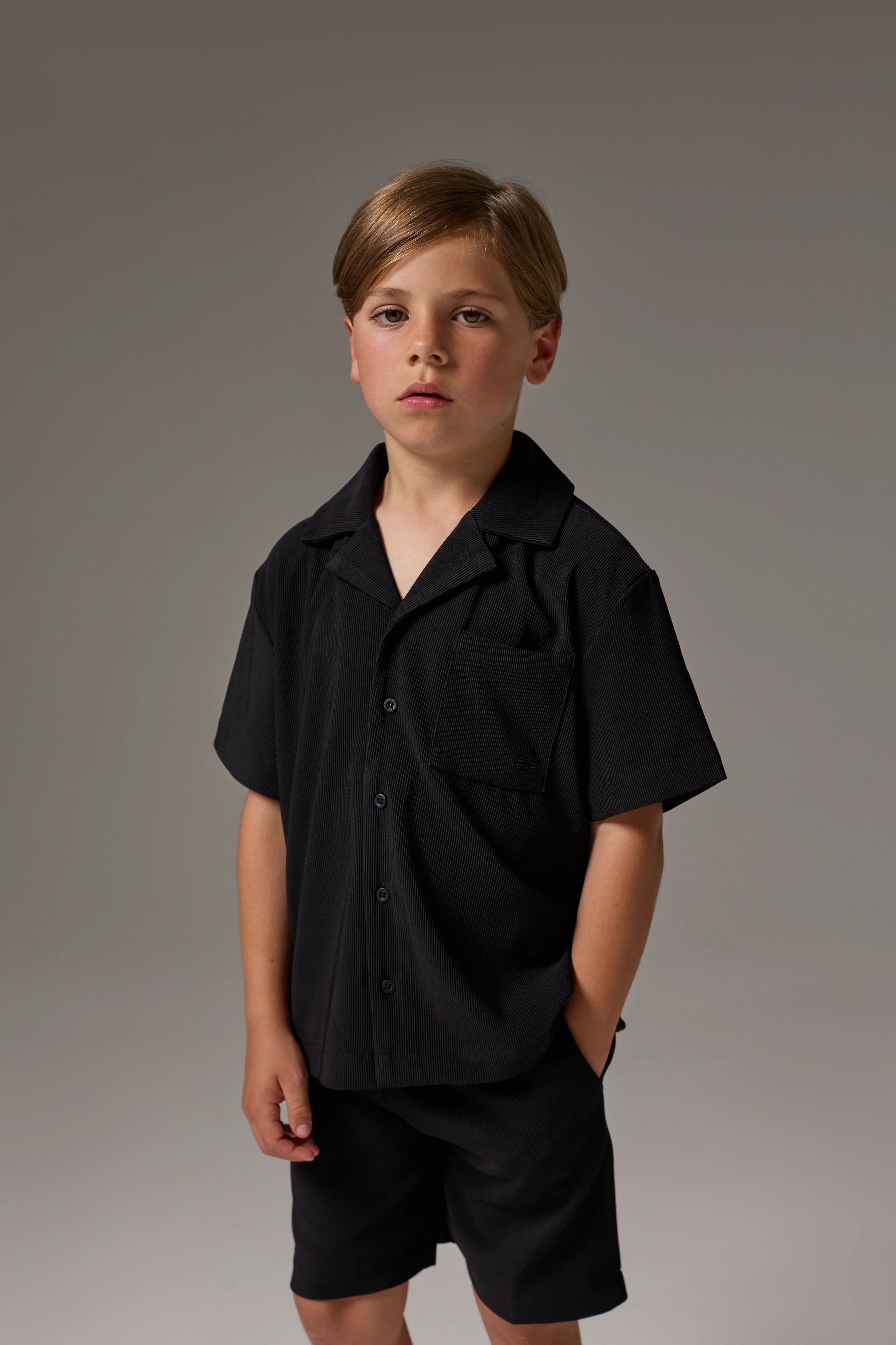 JUNIOR RIB BUTTON THROUGH SHIRT - BLACK