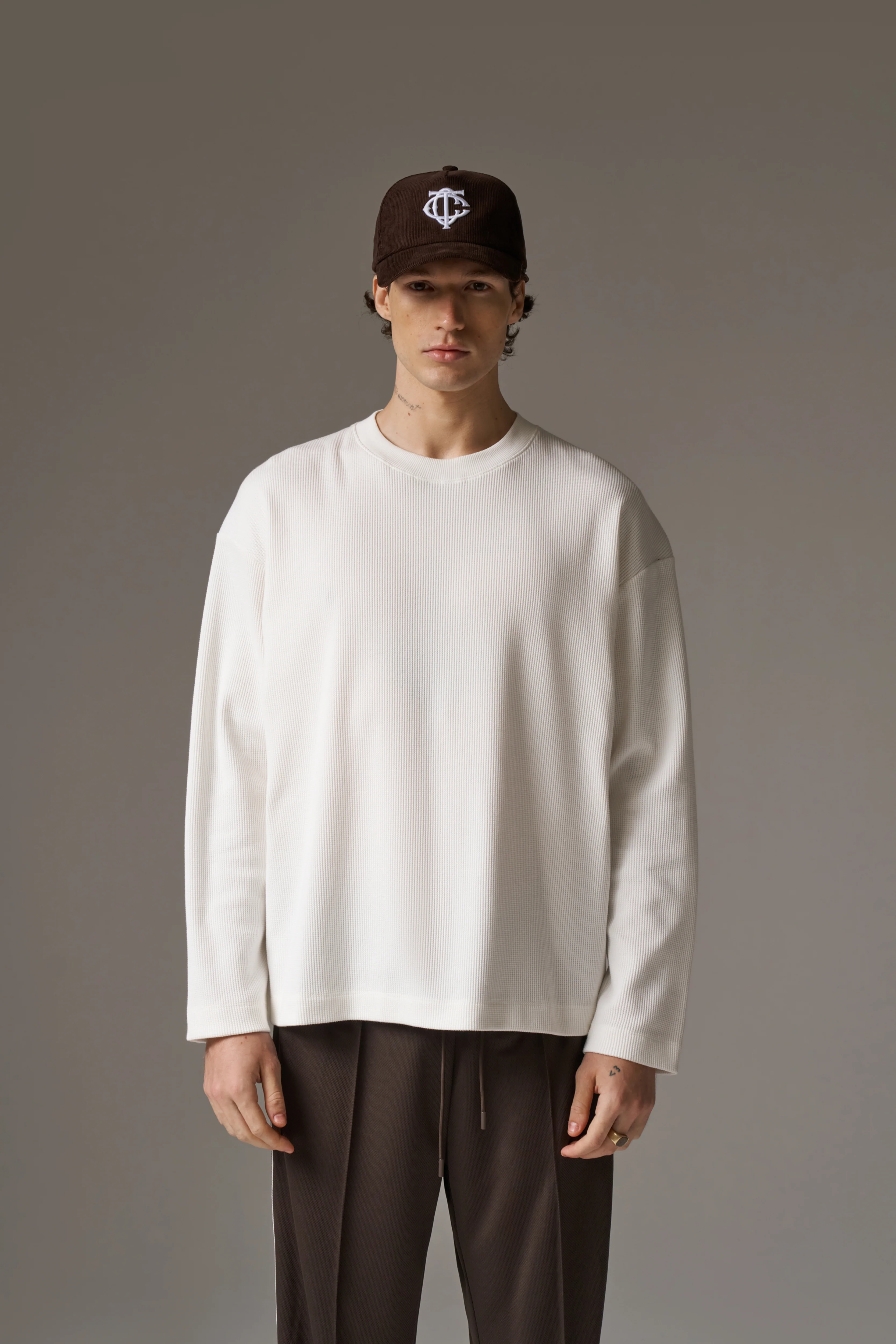 WAFFLE LONG SLEEVE T-SHIRT - OFF WHITE