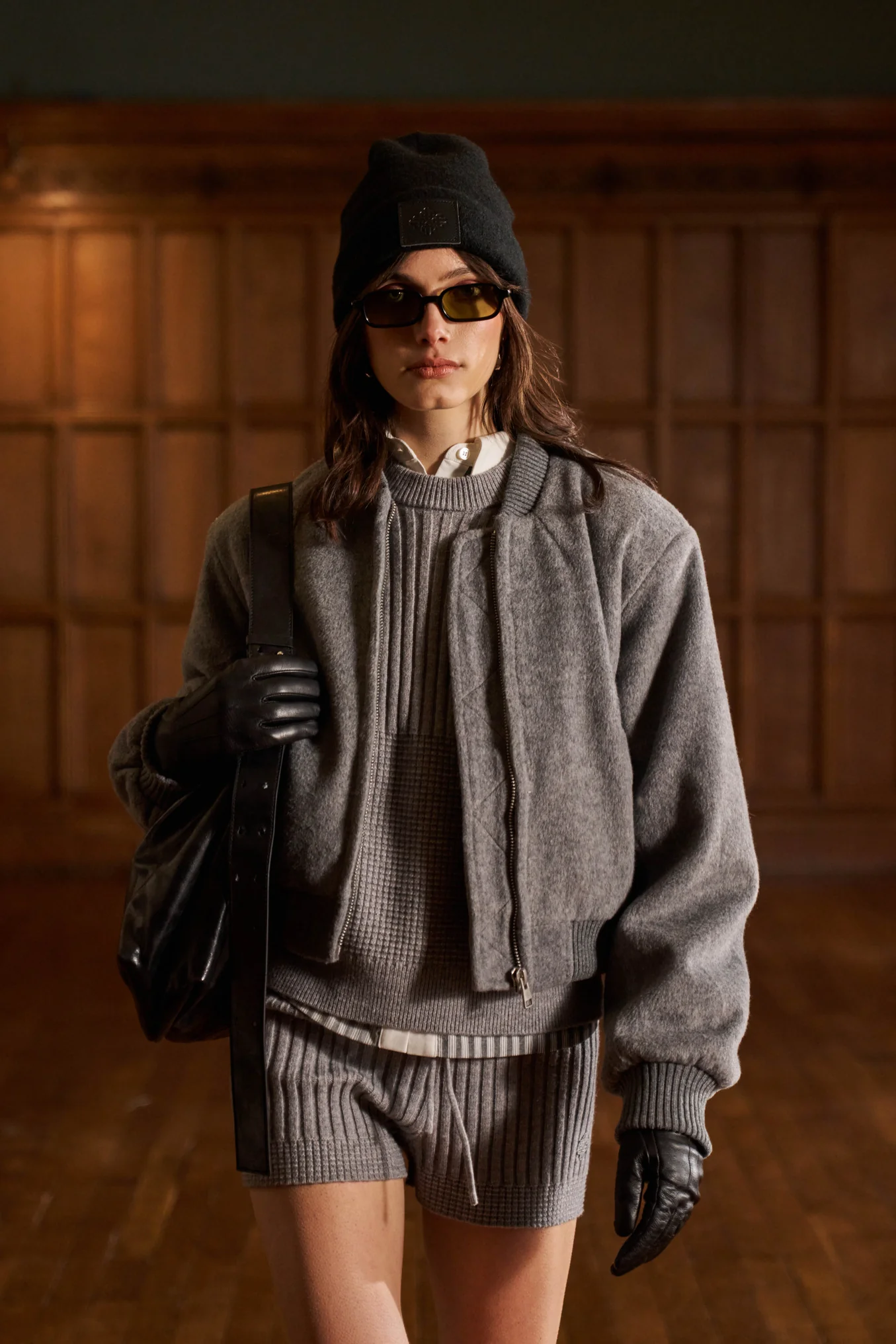 SHOULDER PADDED WOOL BLEND BOMBER JACKET - GREY MARL