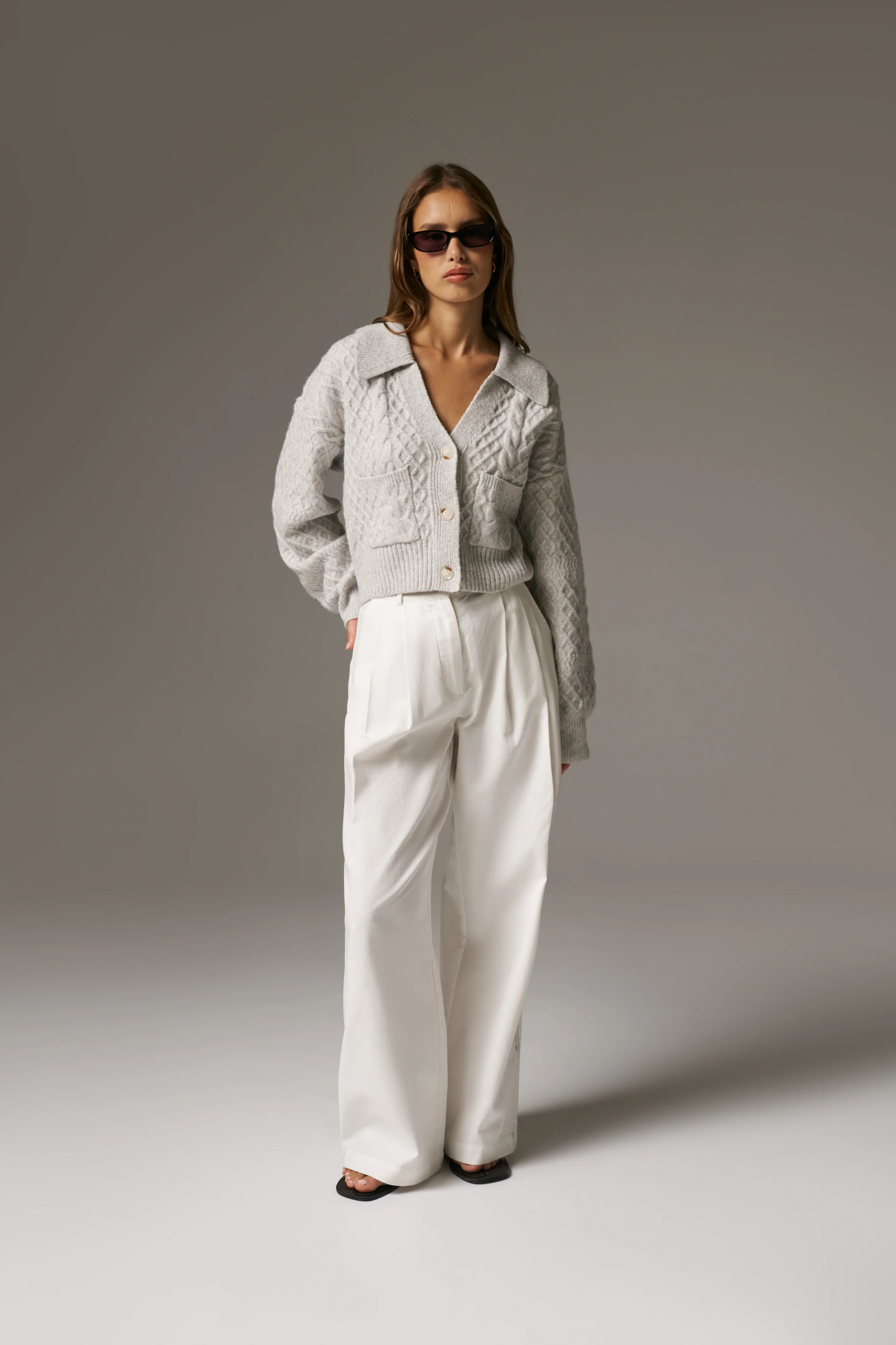 CABLE KNIT CARDIGAN - GREY MARL