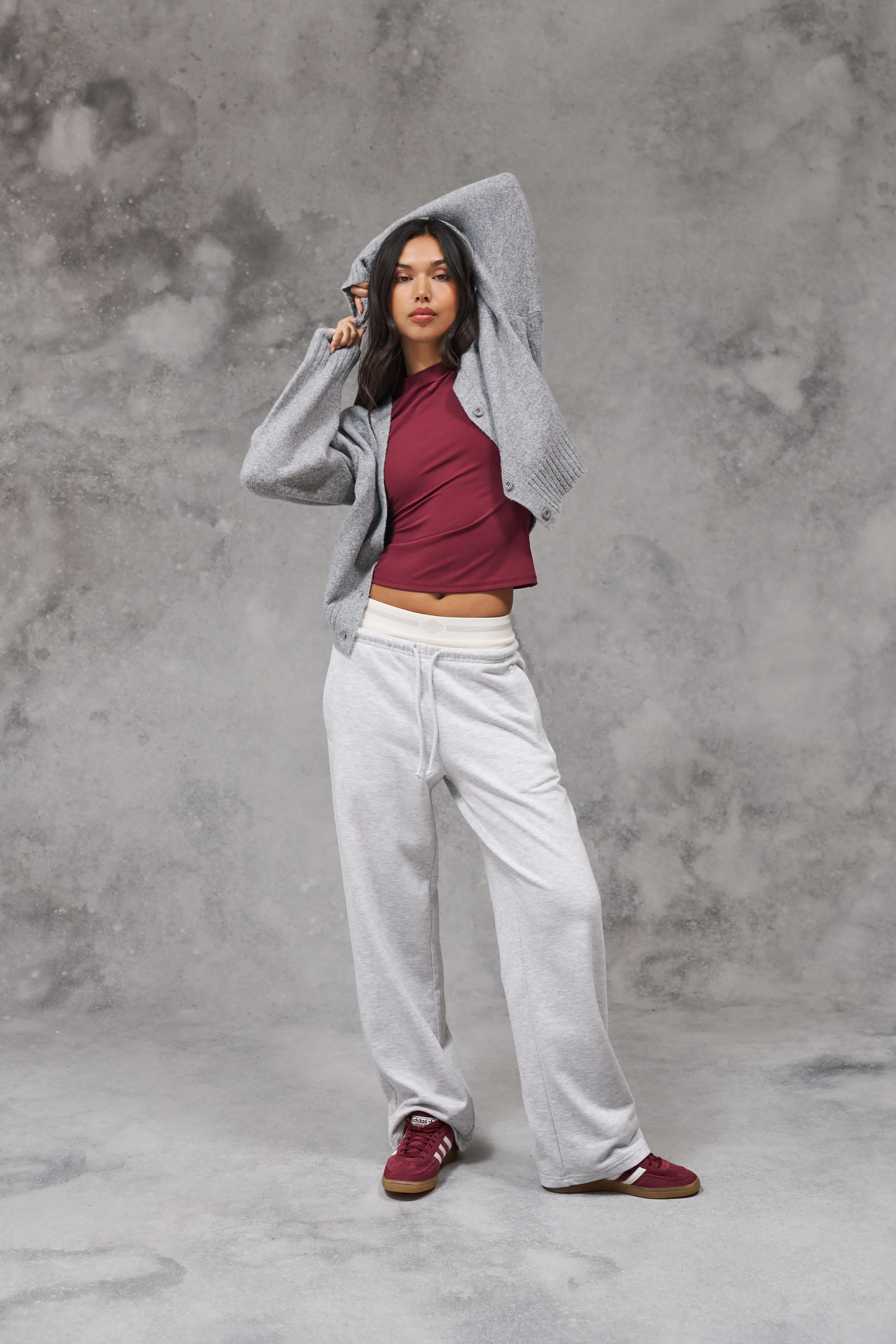 DOUBLE WAISTBAND WIDE LEG JOGGERS - GREY MARL