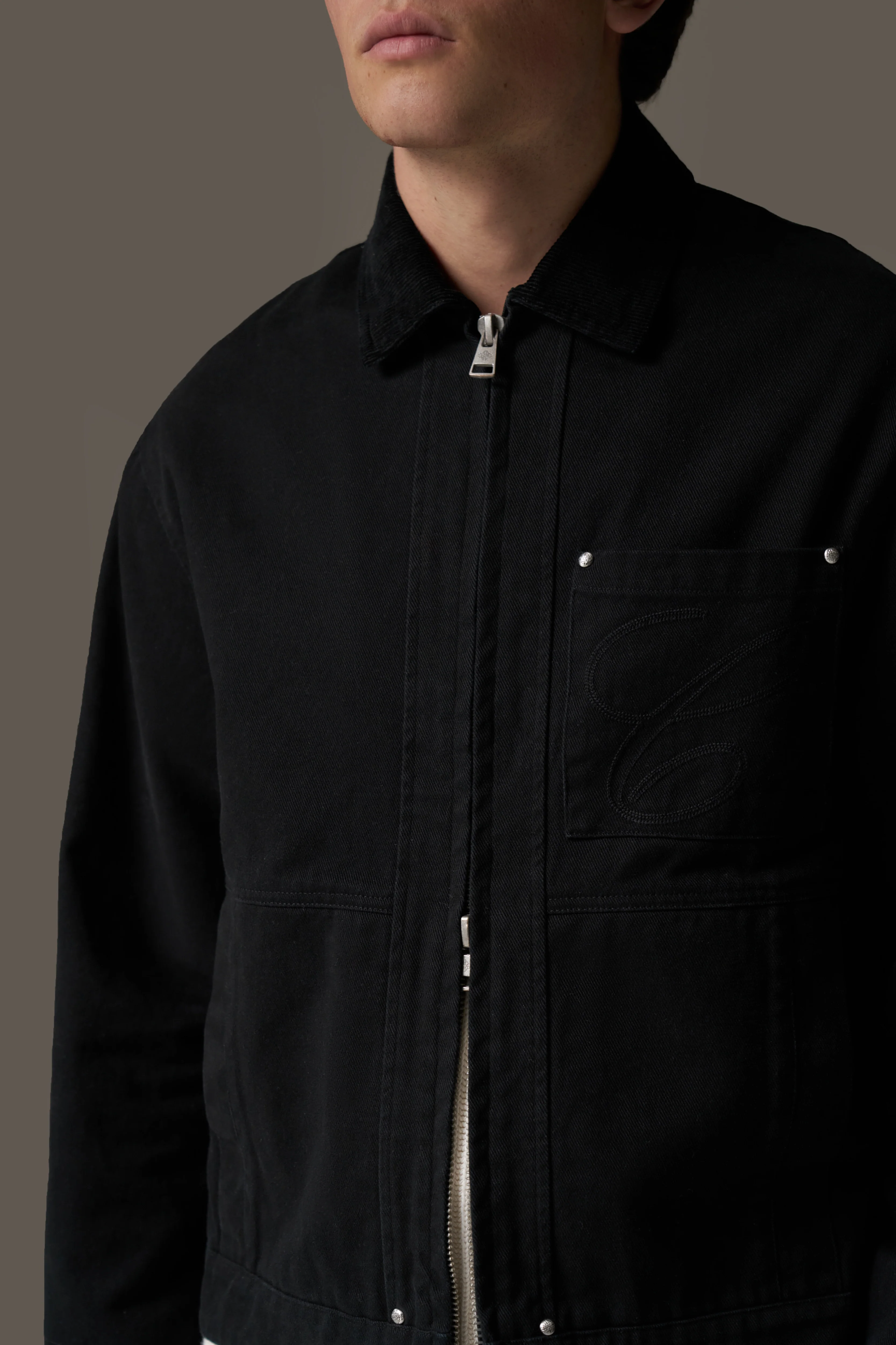 TWILL CONTRAST COLLAR JACKET - WASHED BLACK