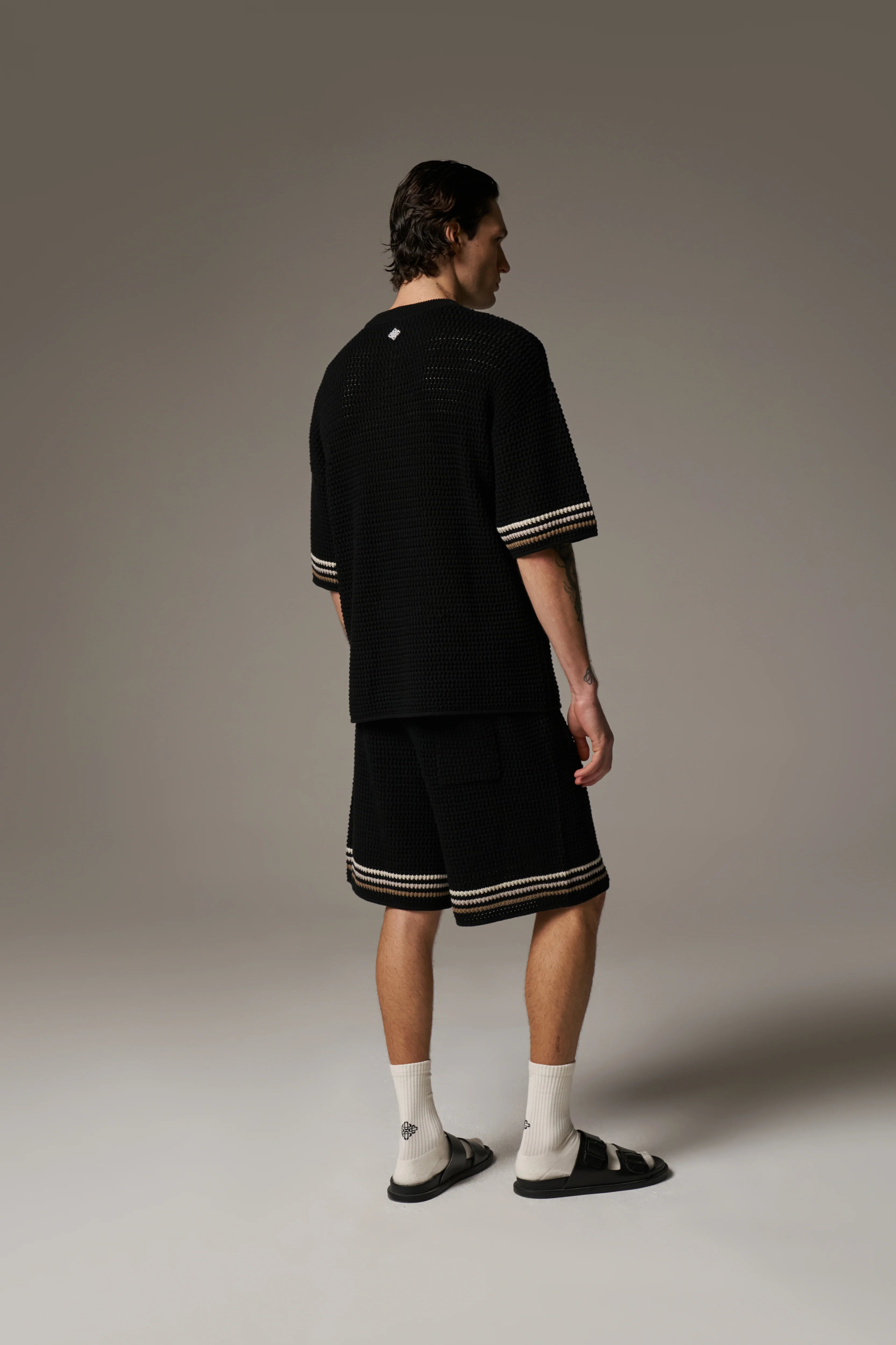 STRIPE CROCHET KNIT T-SHIRT - BLACK