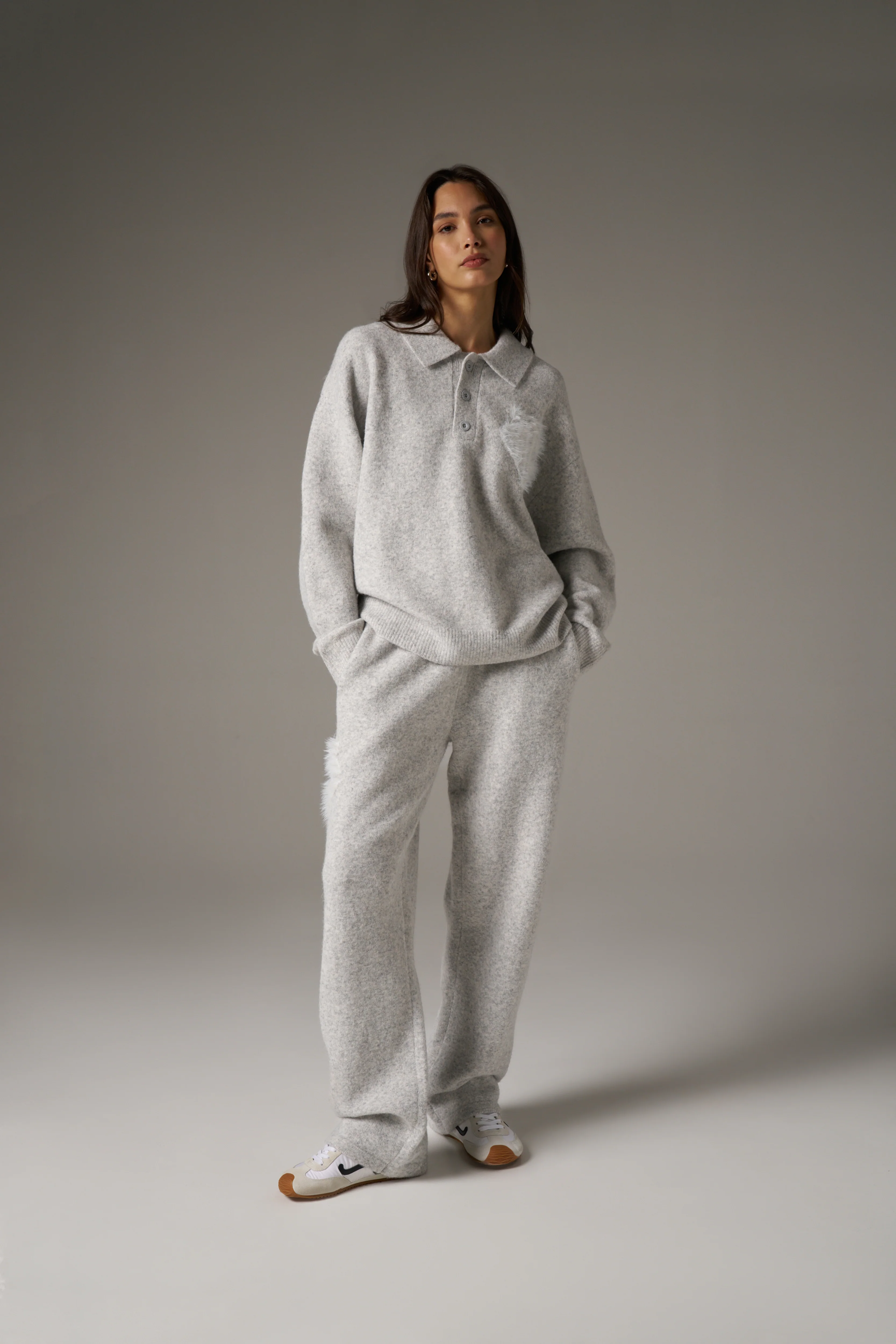 MONOGRAM EMBLEM FLUFFY KNIT POLO - GREY MARL