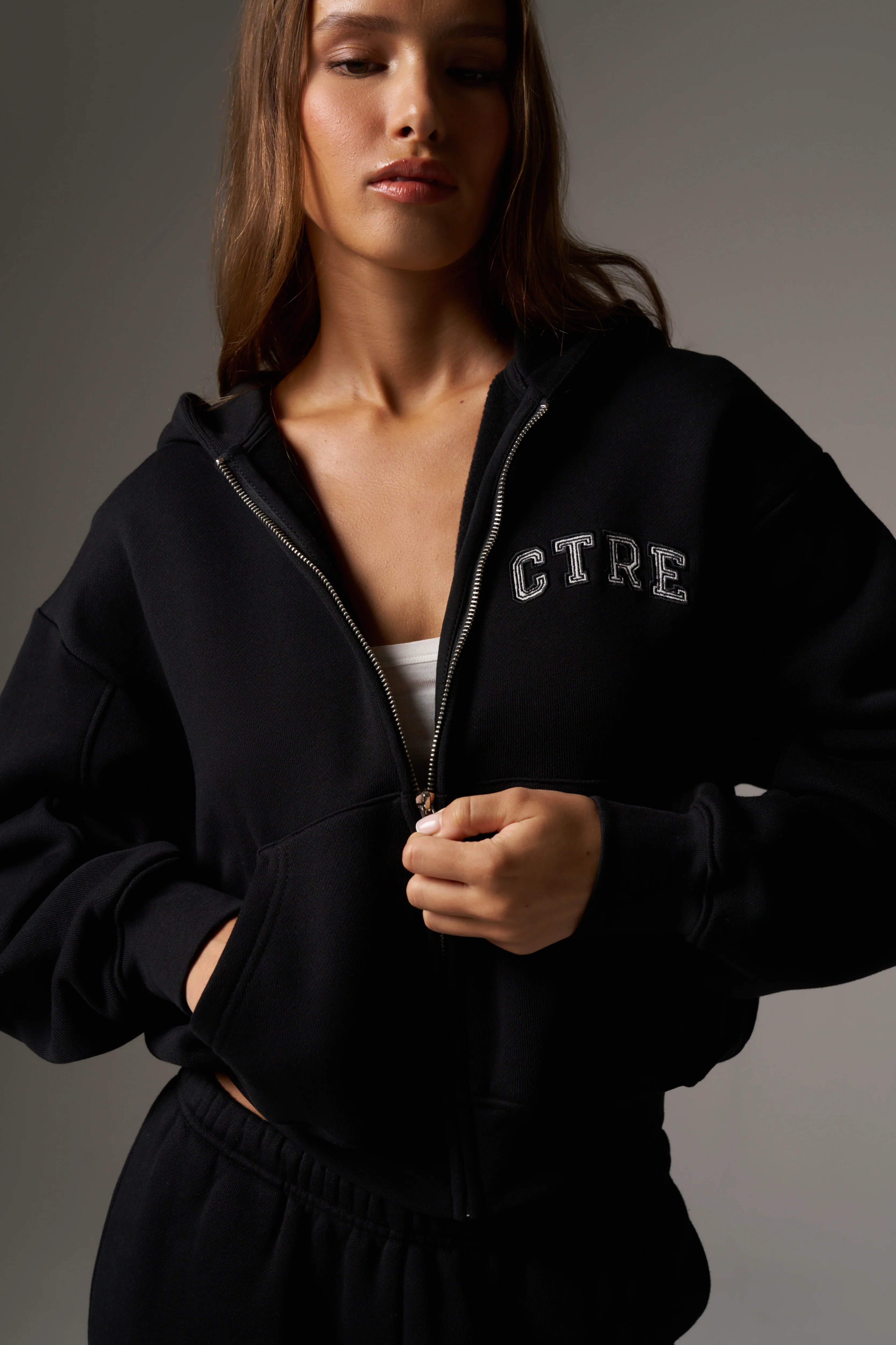 CTRE ZIP THROUGH RELAXED HOODIE - BLACK
