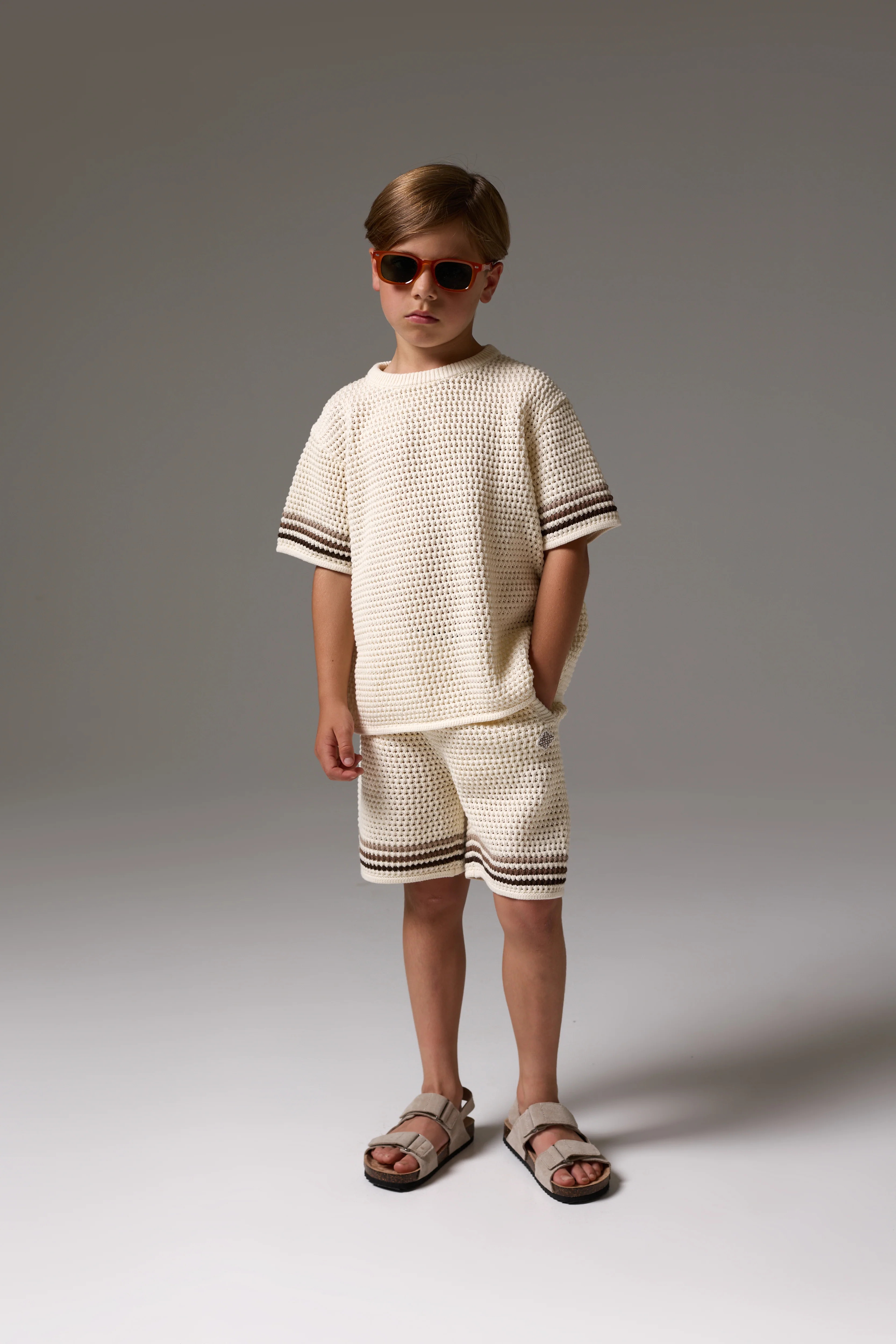 JUNIOR STRIPE CROCHET KNIT SHORTS - OFF WHITE