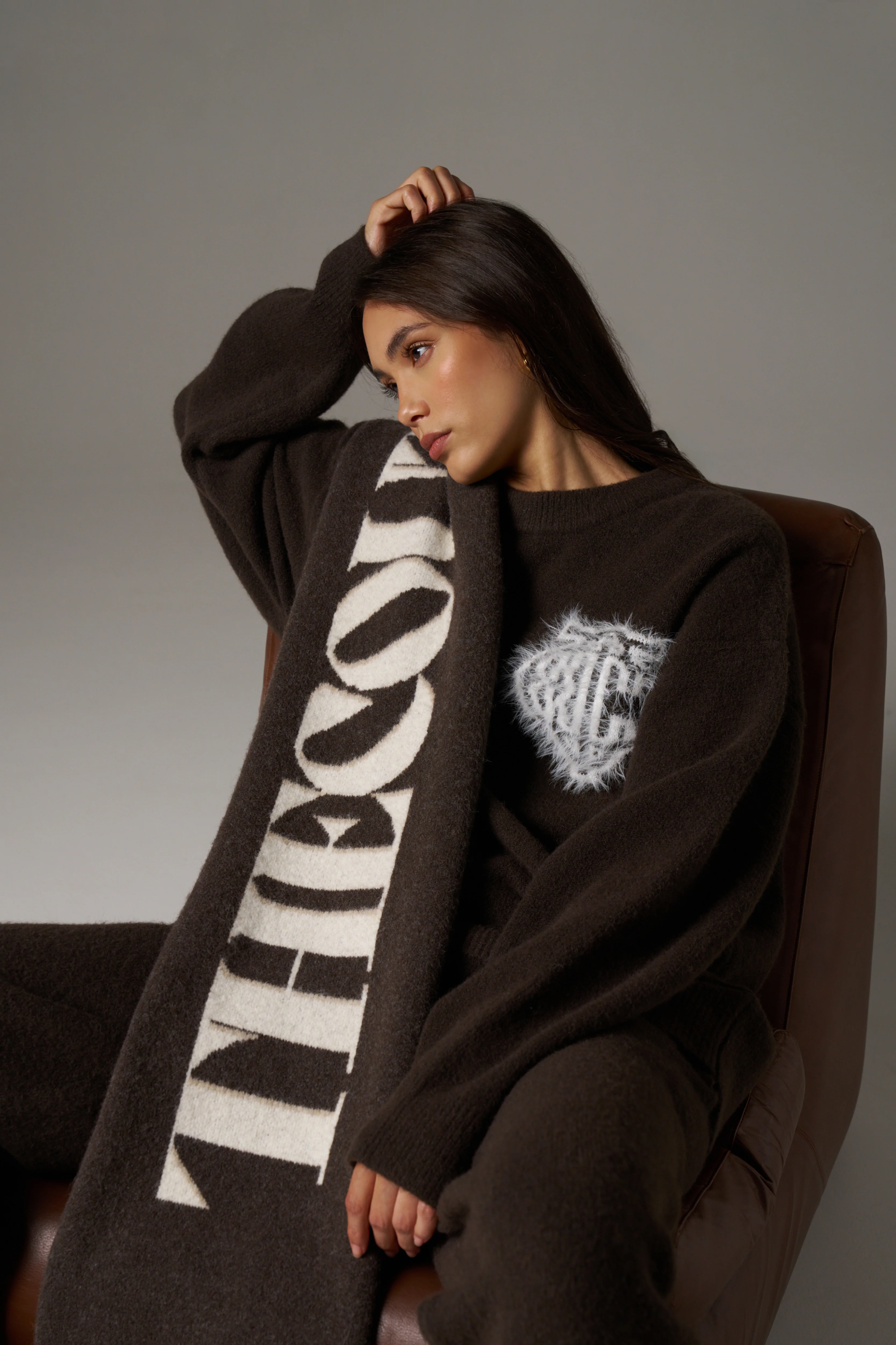 MONOGRAM EMBLEM FLUFFY KNIT CREW - BROWN