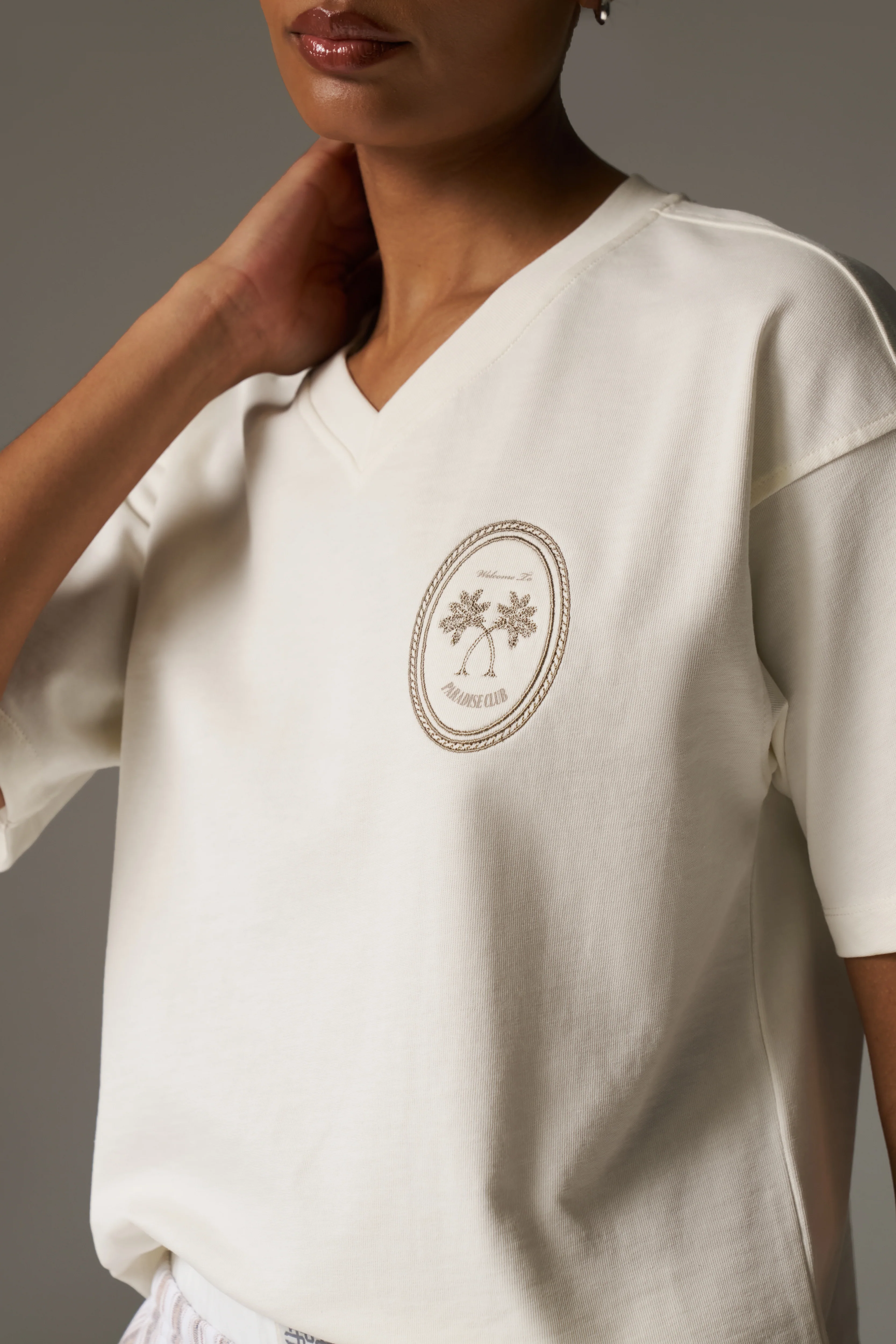EMBROIDERED PALM GRAPHIC BOXY T-SHIRT - OFF WHITE