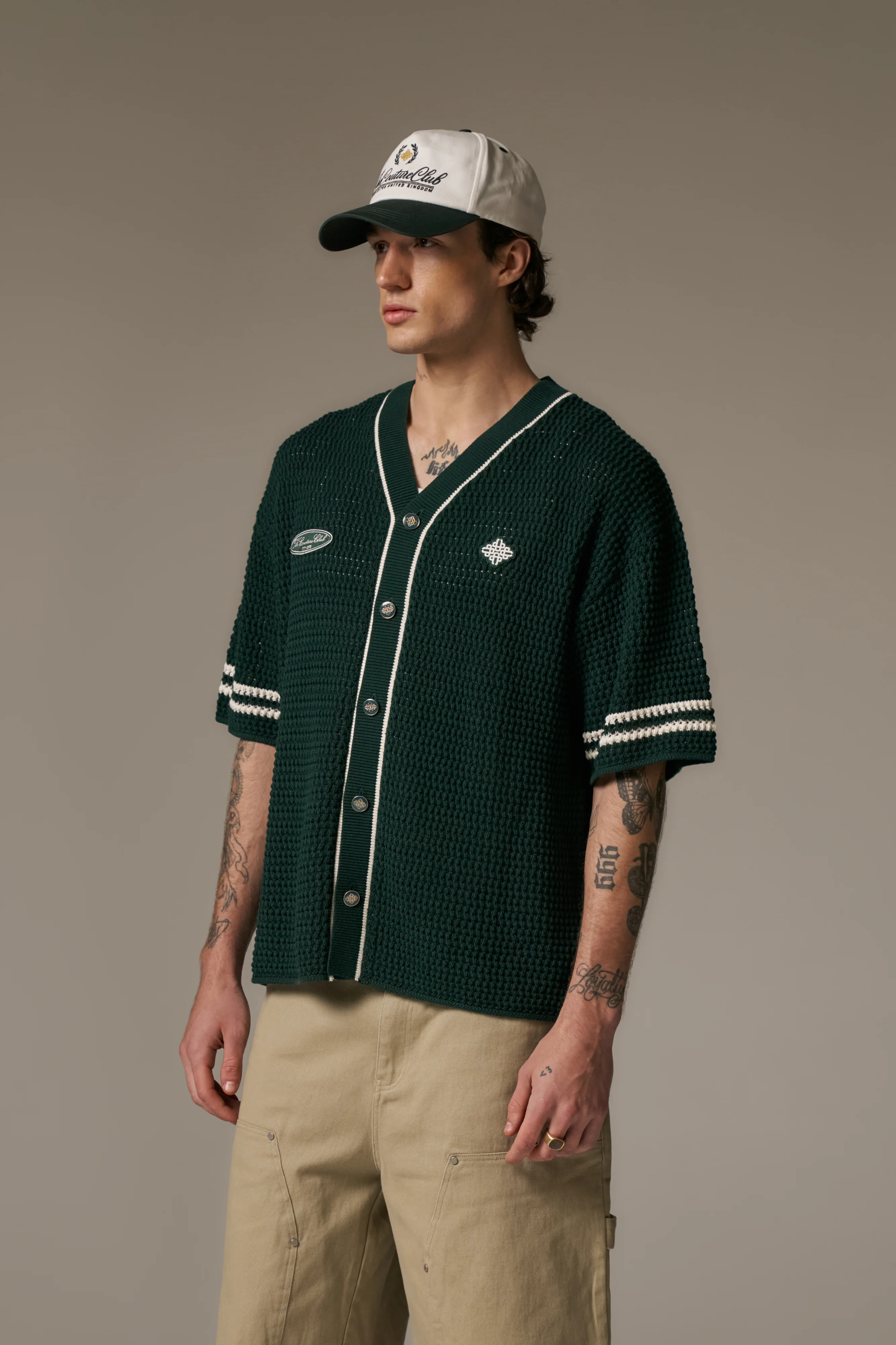 CROCHET KNITTED BASEBALL SHIRT - GREEN