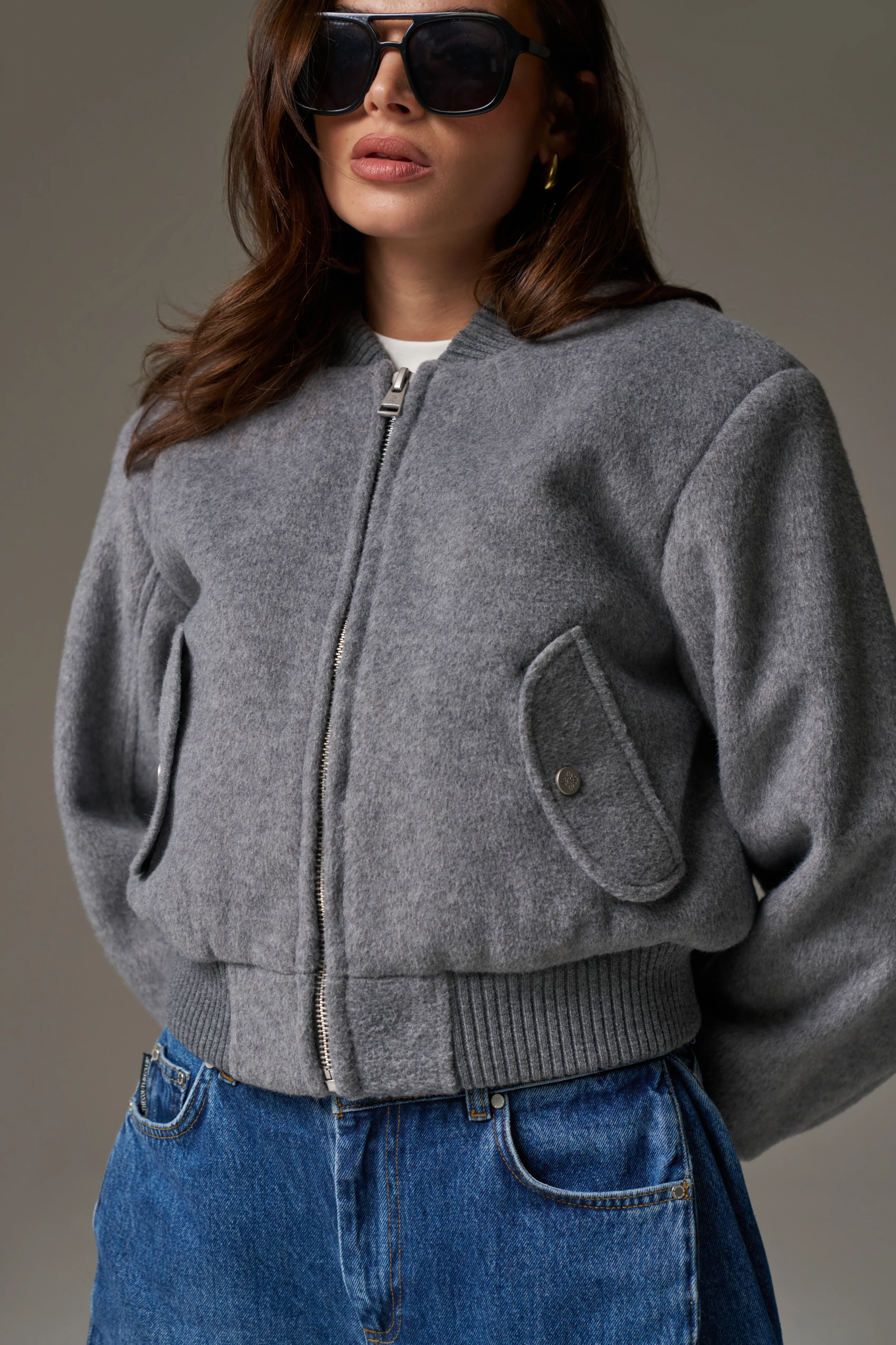SHOULDER PADDED WOOL BLEND BOMBER JACKET - GREY MARL