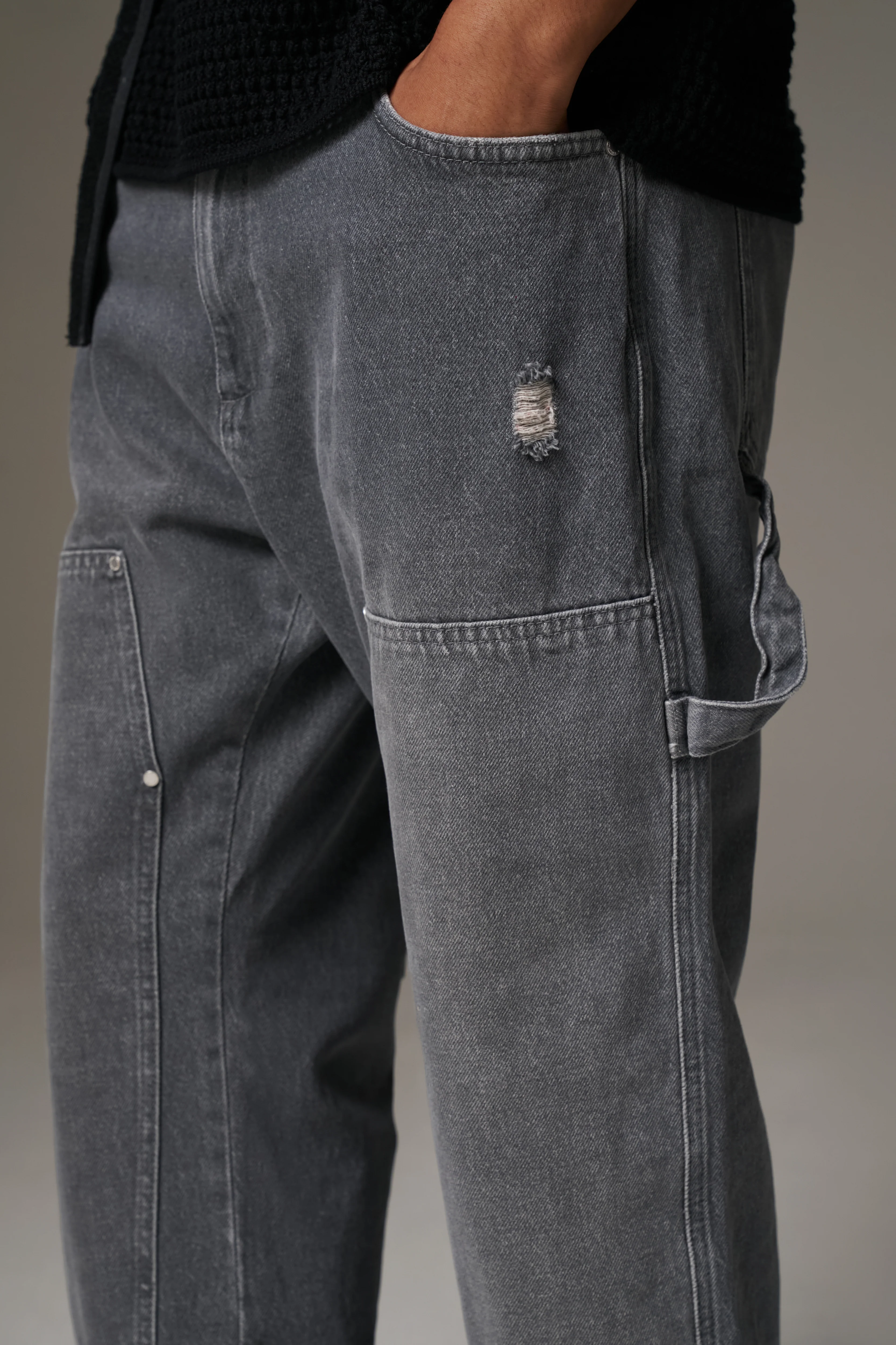 DENIM RIVET DETAIL CARPENTER JEANS - GREY WASH