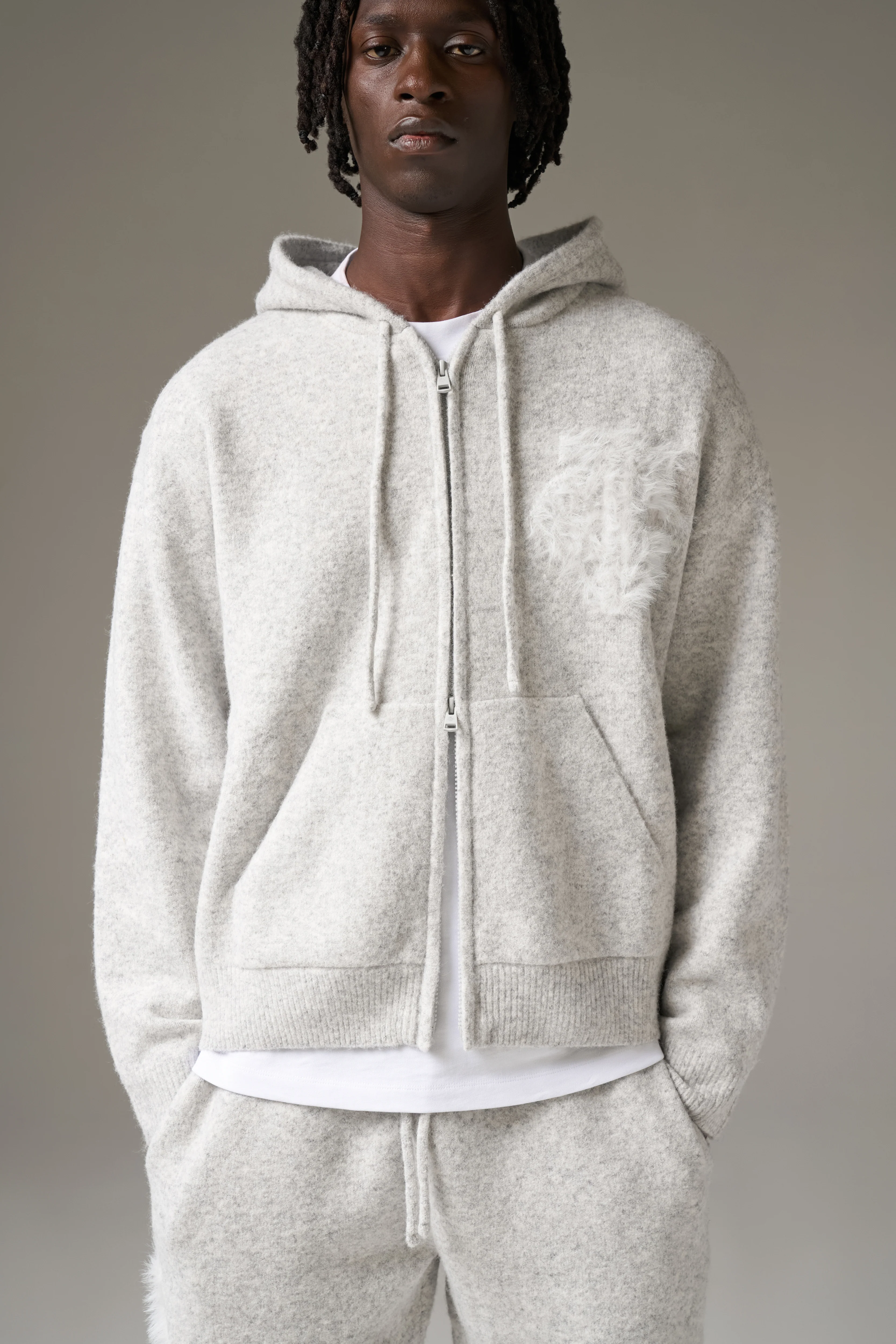 MONOGRAM EMBLEM FLUFFY KNIT ZIP THROUGH HOODIE - GREY MARL