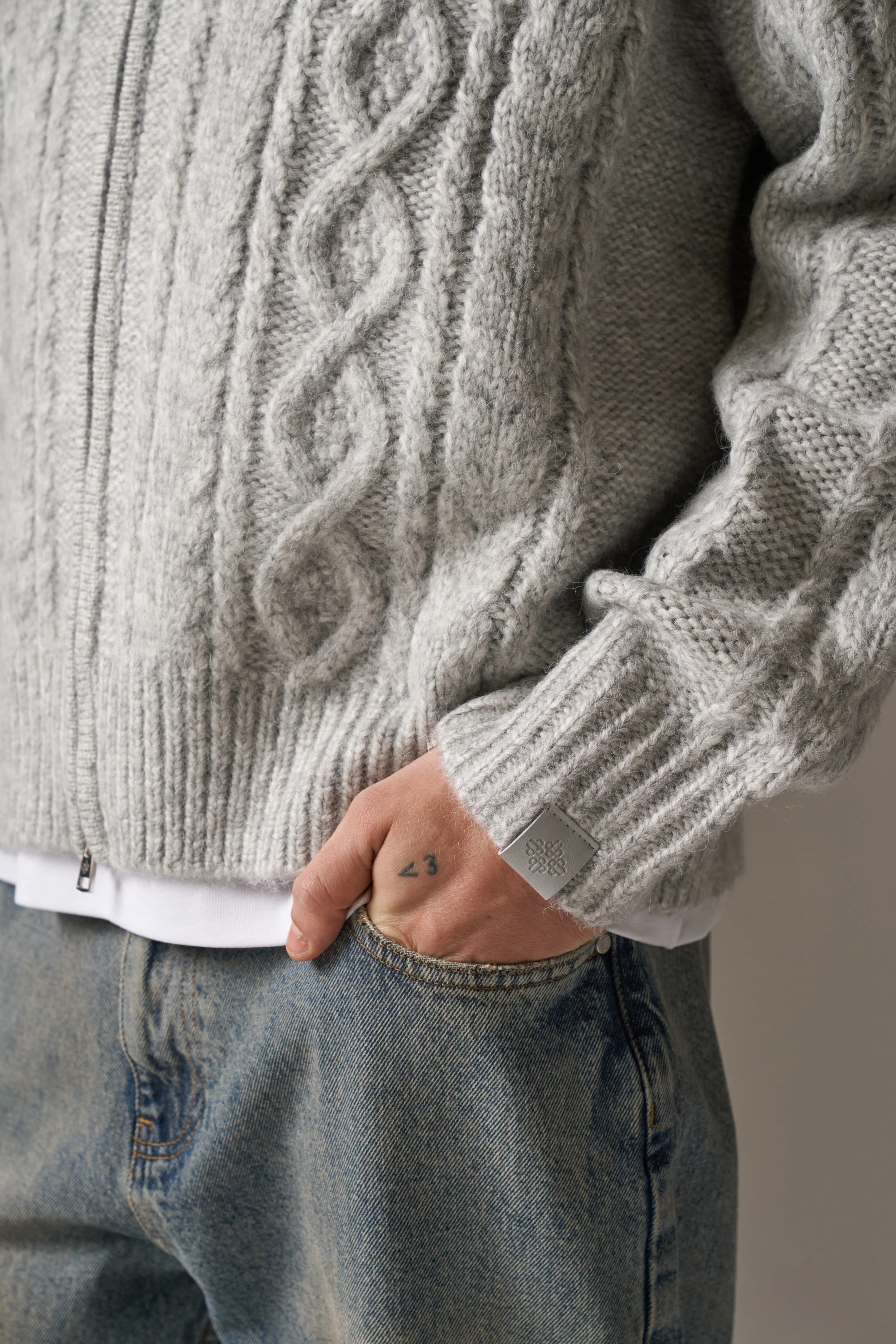 CABLE KNIT ZIP THROUGH HOODIE - GREY