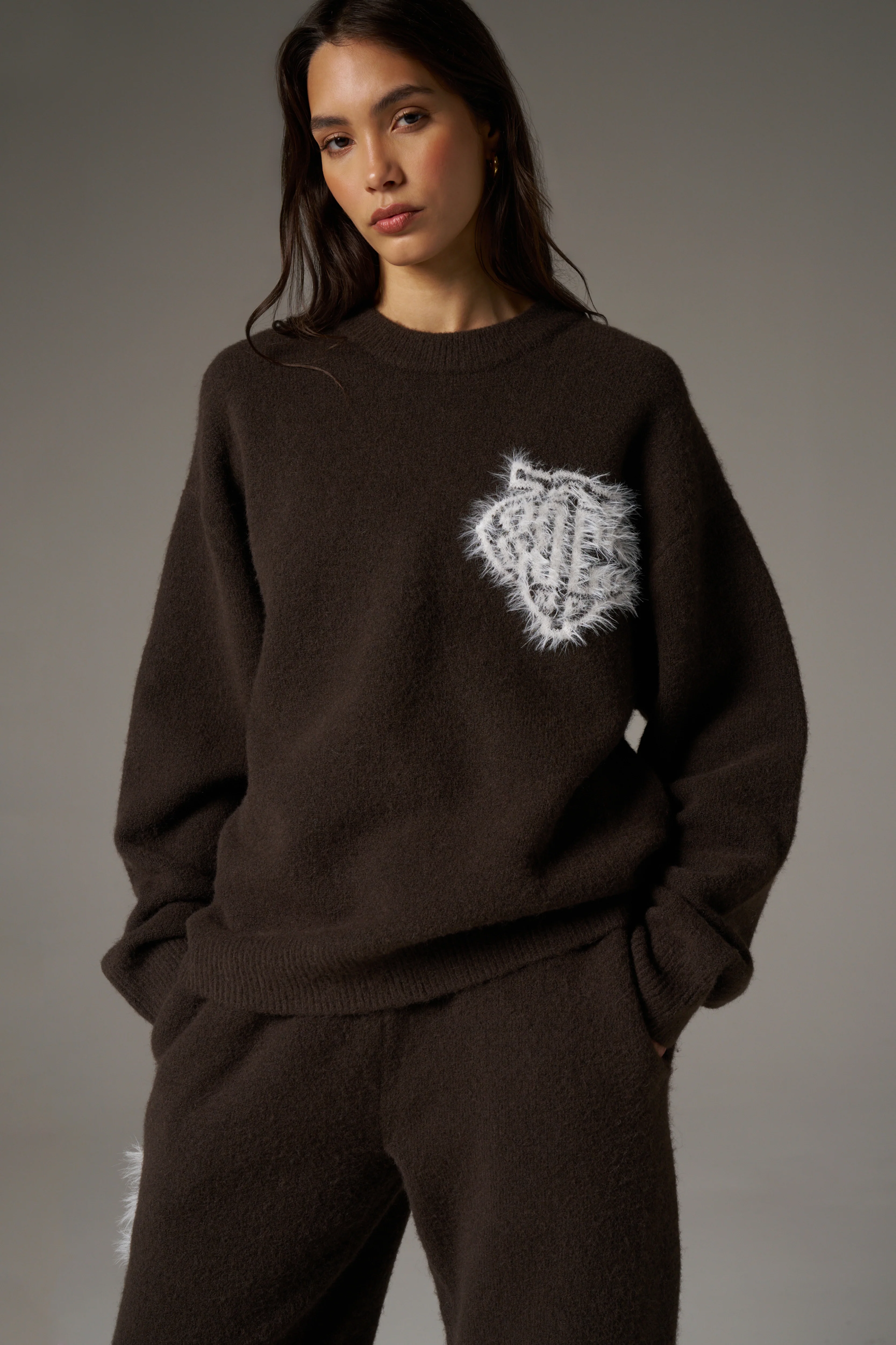 MONOGRAM EMBLEM FLUFFY KNIT CREW - BROWN