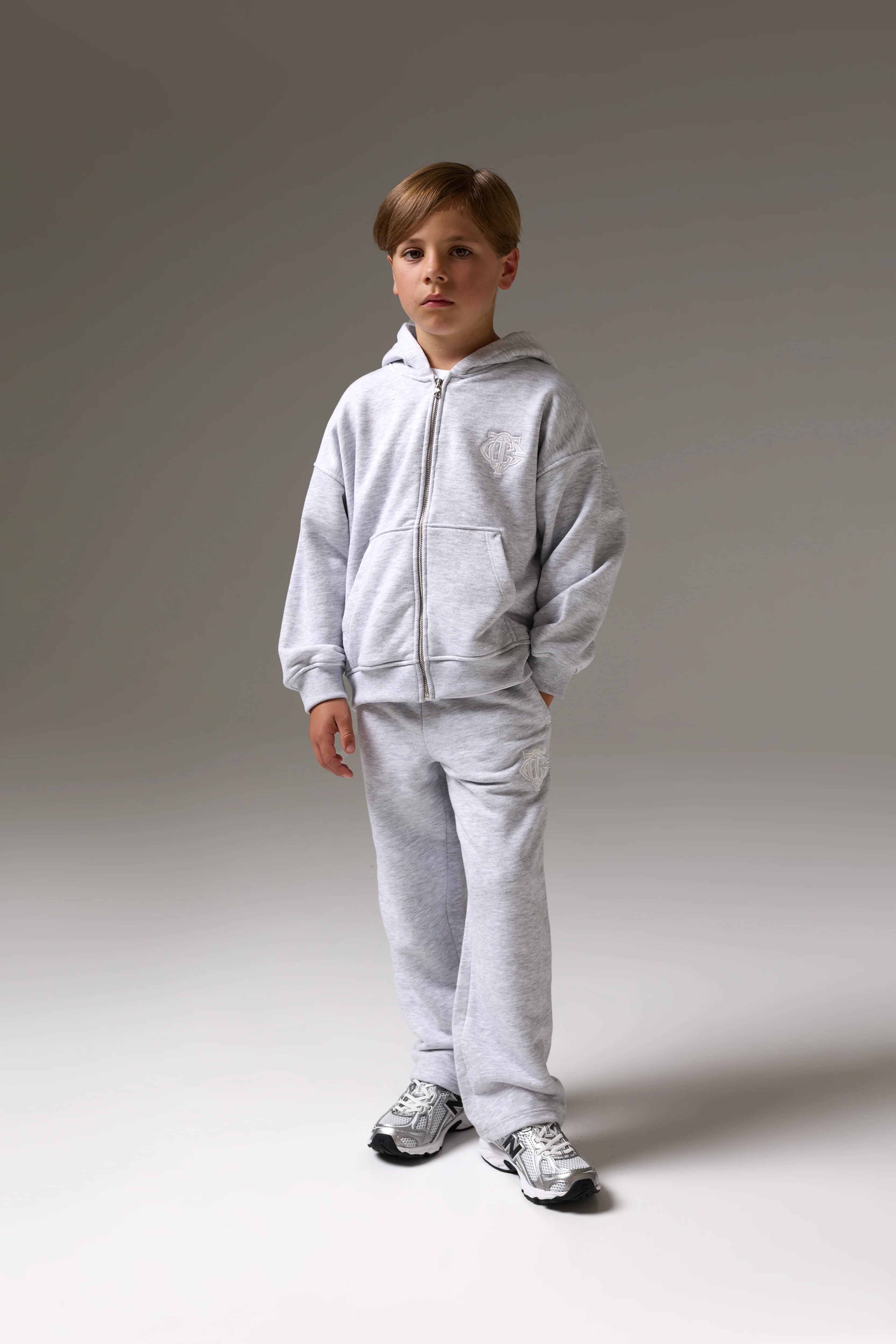 JUNIOR ZIP THROUGH MONOGRAM EMBLEM APPLIQUE HOODIE - GREY MARL