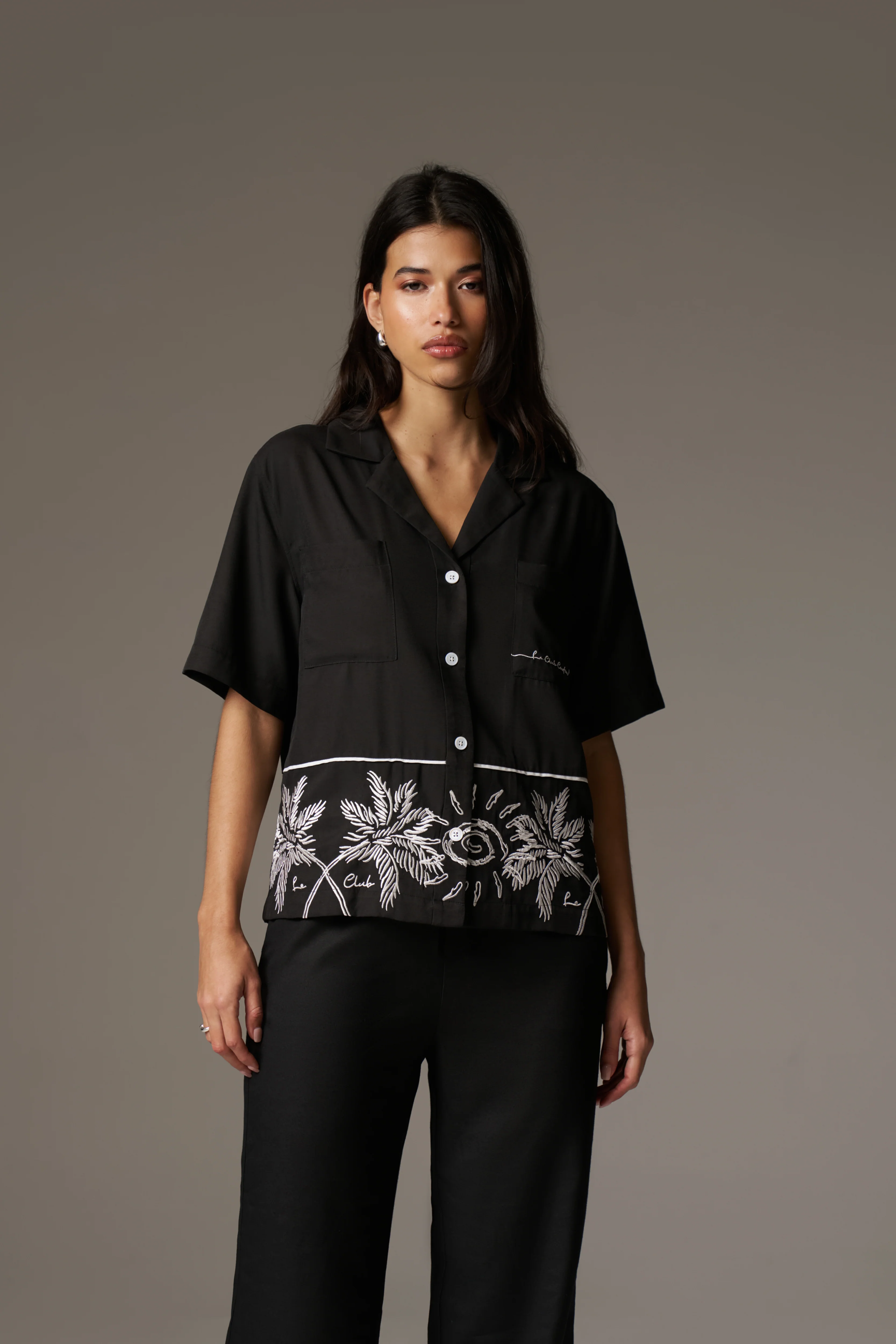 PALM EMBROIDERY SHIRT - BLACK