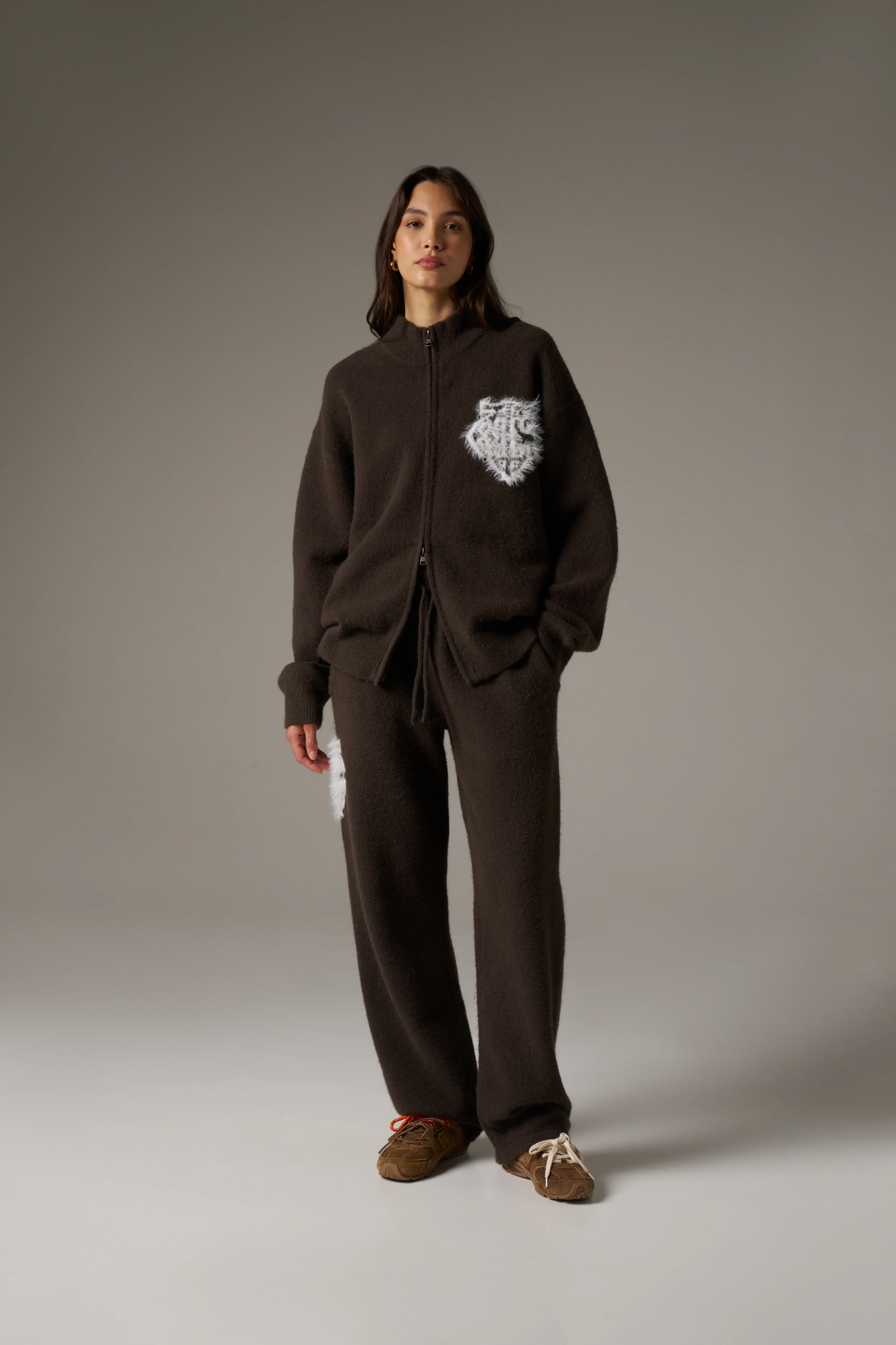 MONOGRAM EMBLEM FLUFFY KNIT ZIP THROUGH - BROWN