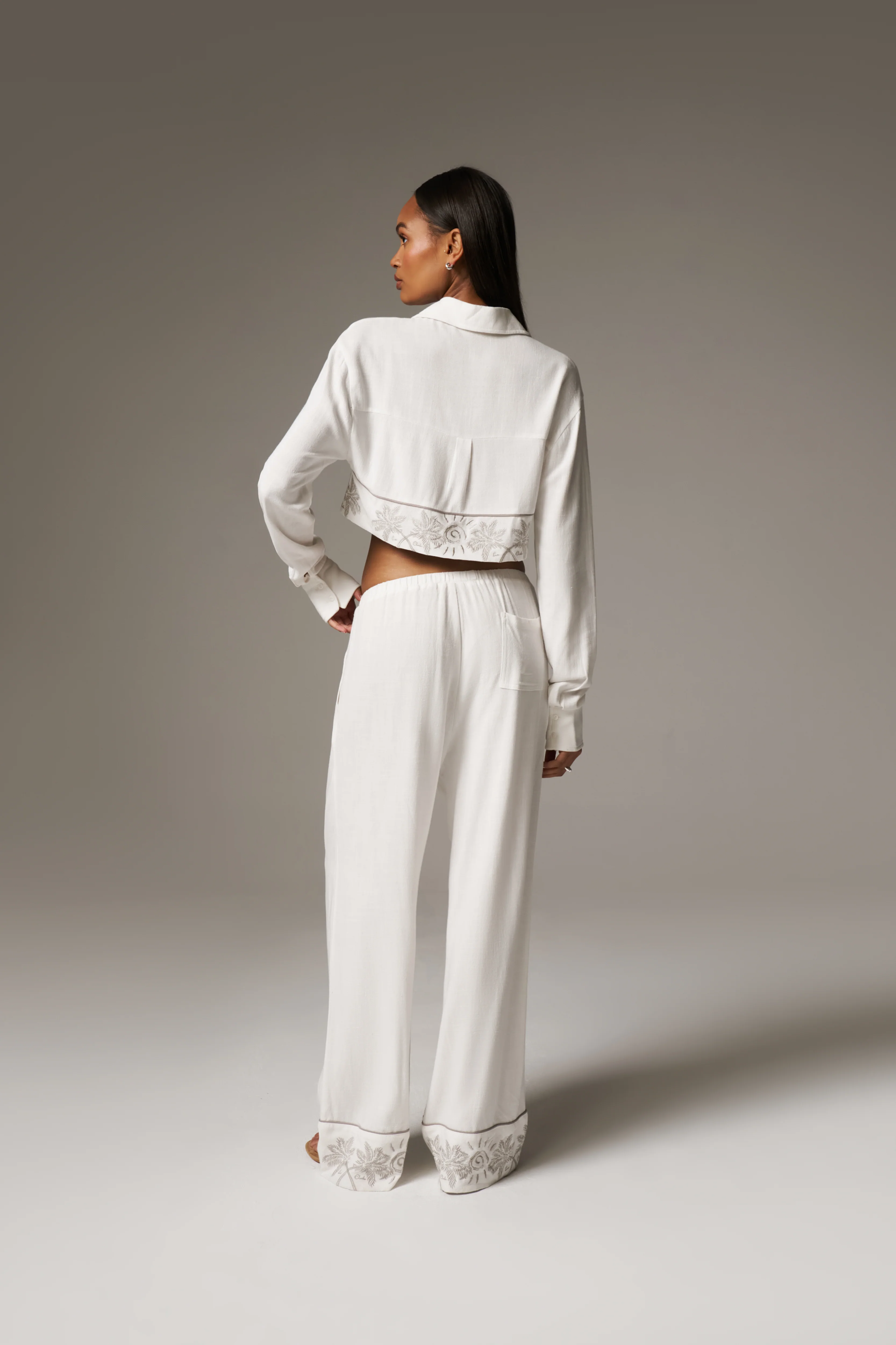 PALM EMBROIDERED WIDE LEG TROUSERS - OFF WHITE