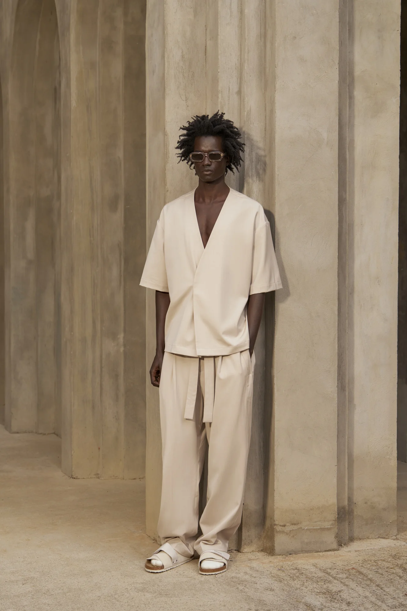 SMART TIE BELTED TROUSERS - STONE