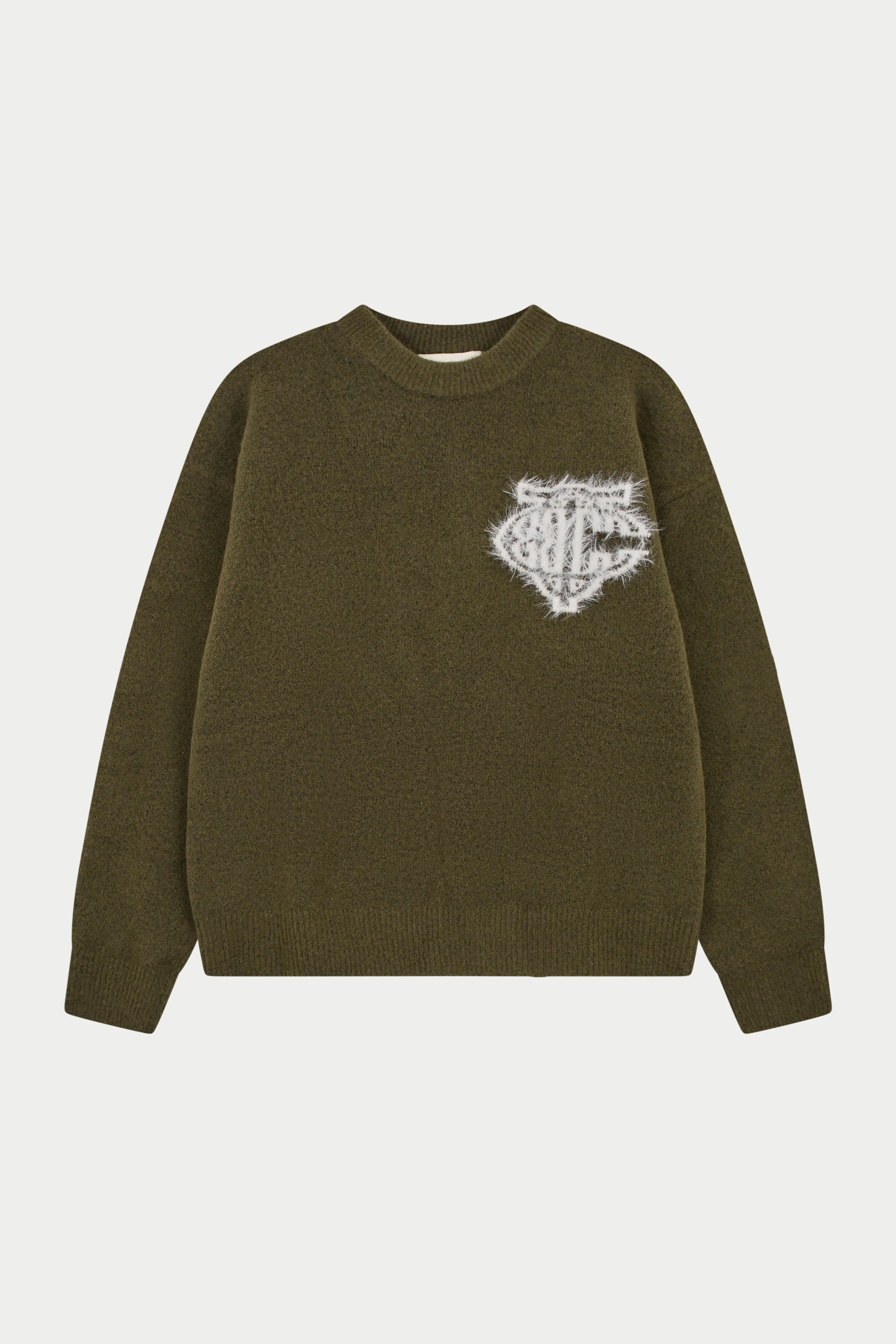 MONOGRAM EMBLEM FLUFFY KNIT CREW - KHAKI