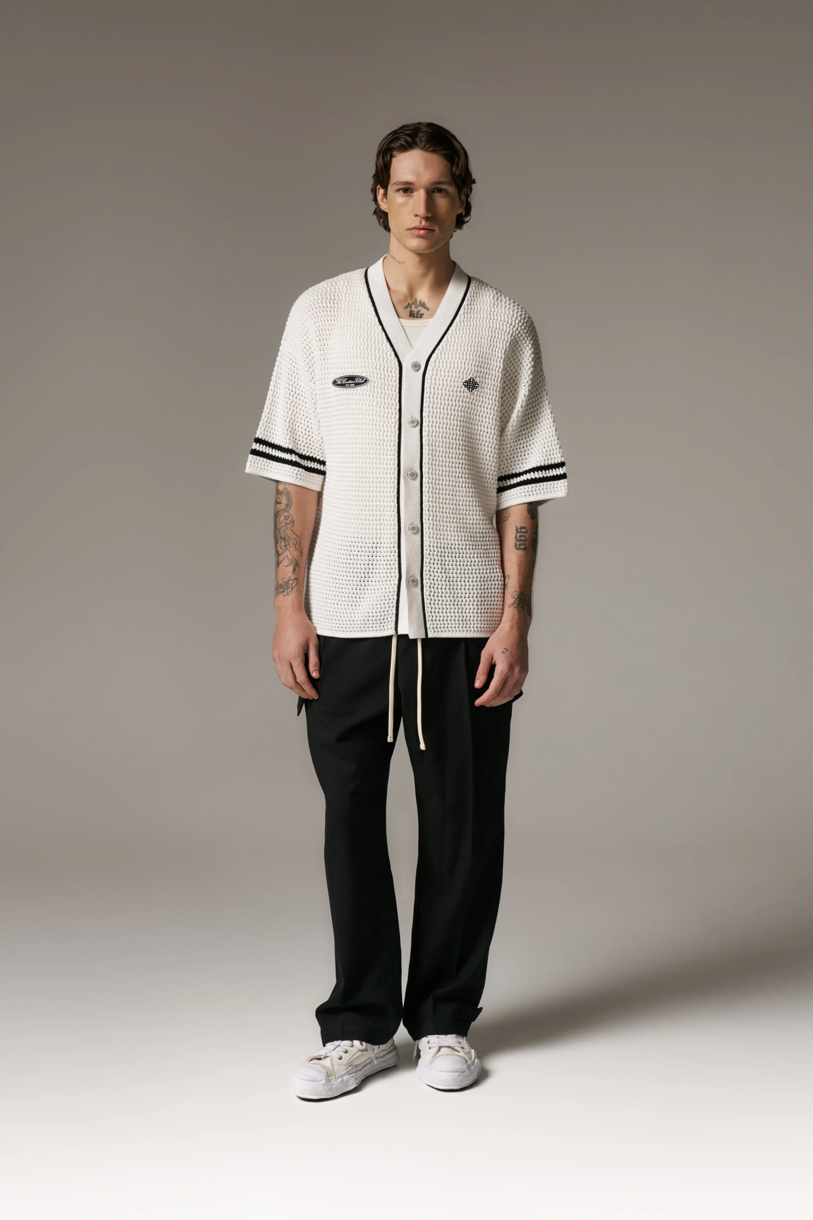 CROCHET KNITTED BASEBALL SHIRT - WHITE