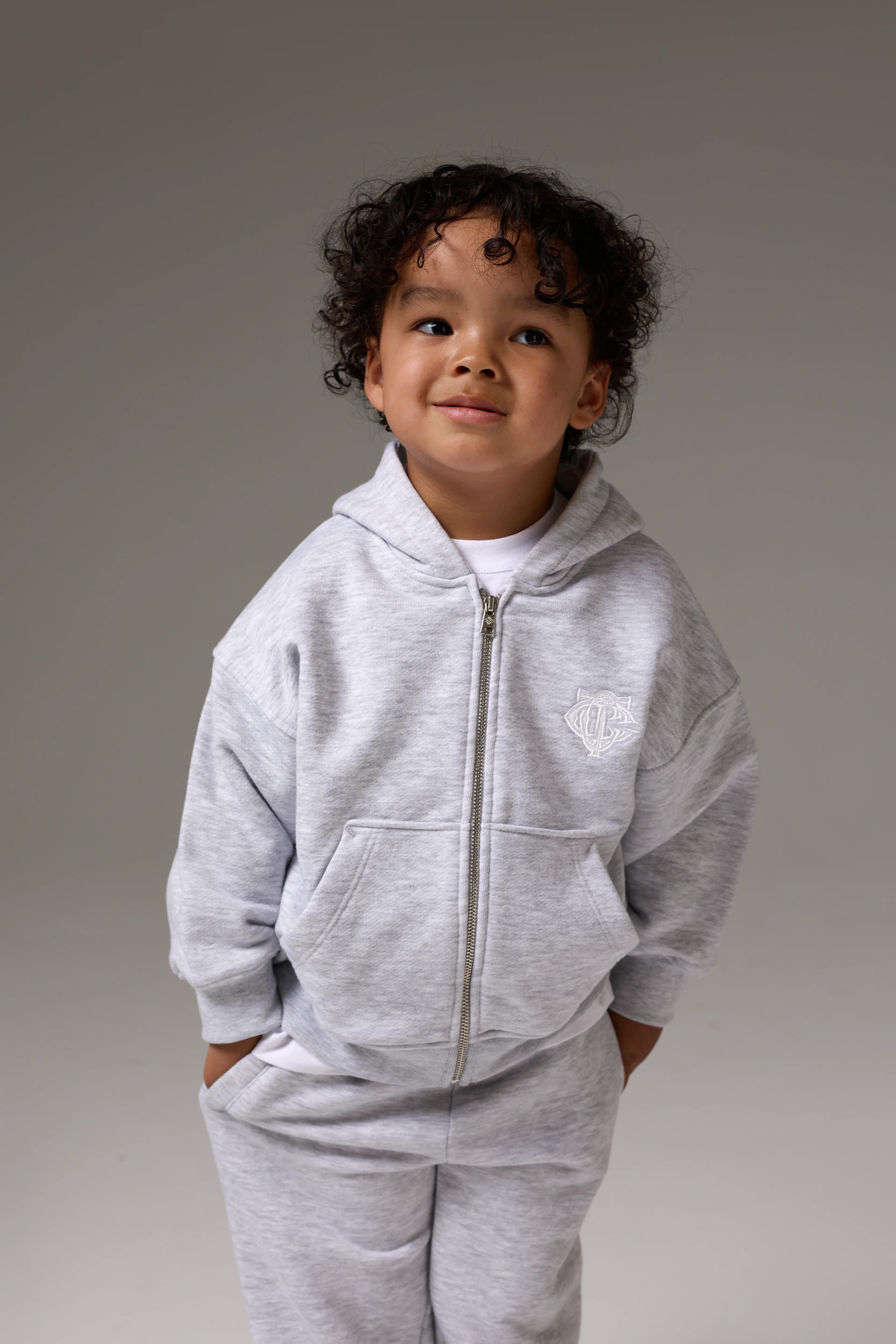 KIDS ZIP THROUGH MONOGRAM EMBLEM APPLIQUE HOODIE - GREY MARL