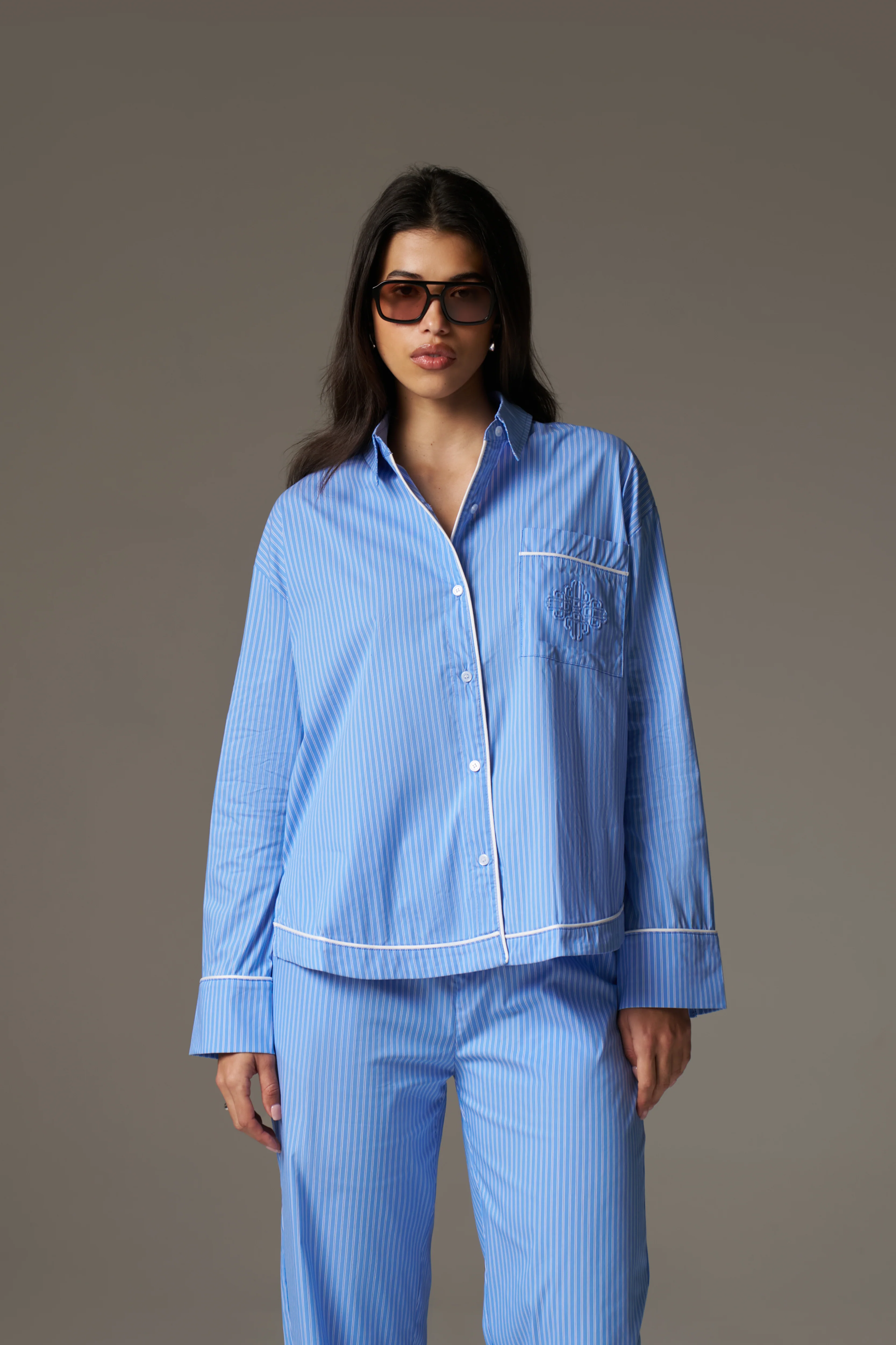 STRIPE PIPED EMBLEM SHIRT - BLUE