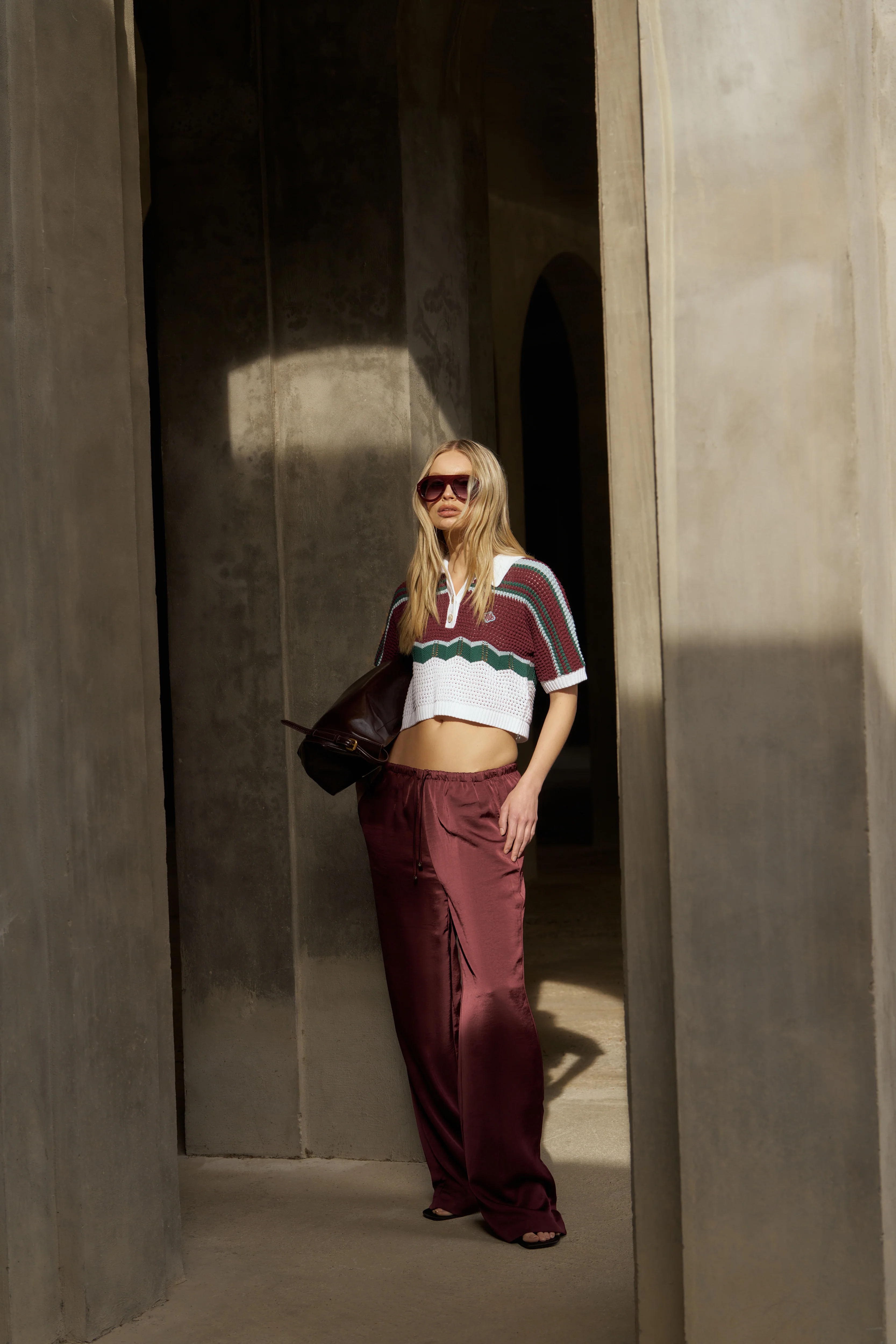 SATIN WIDE LEG EMBLEM TROUSERS - BURGUNDY