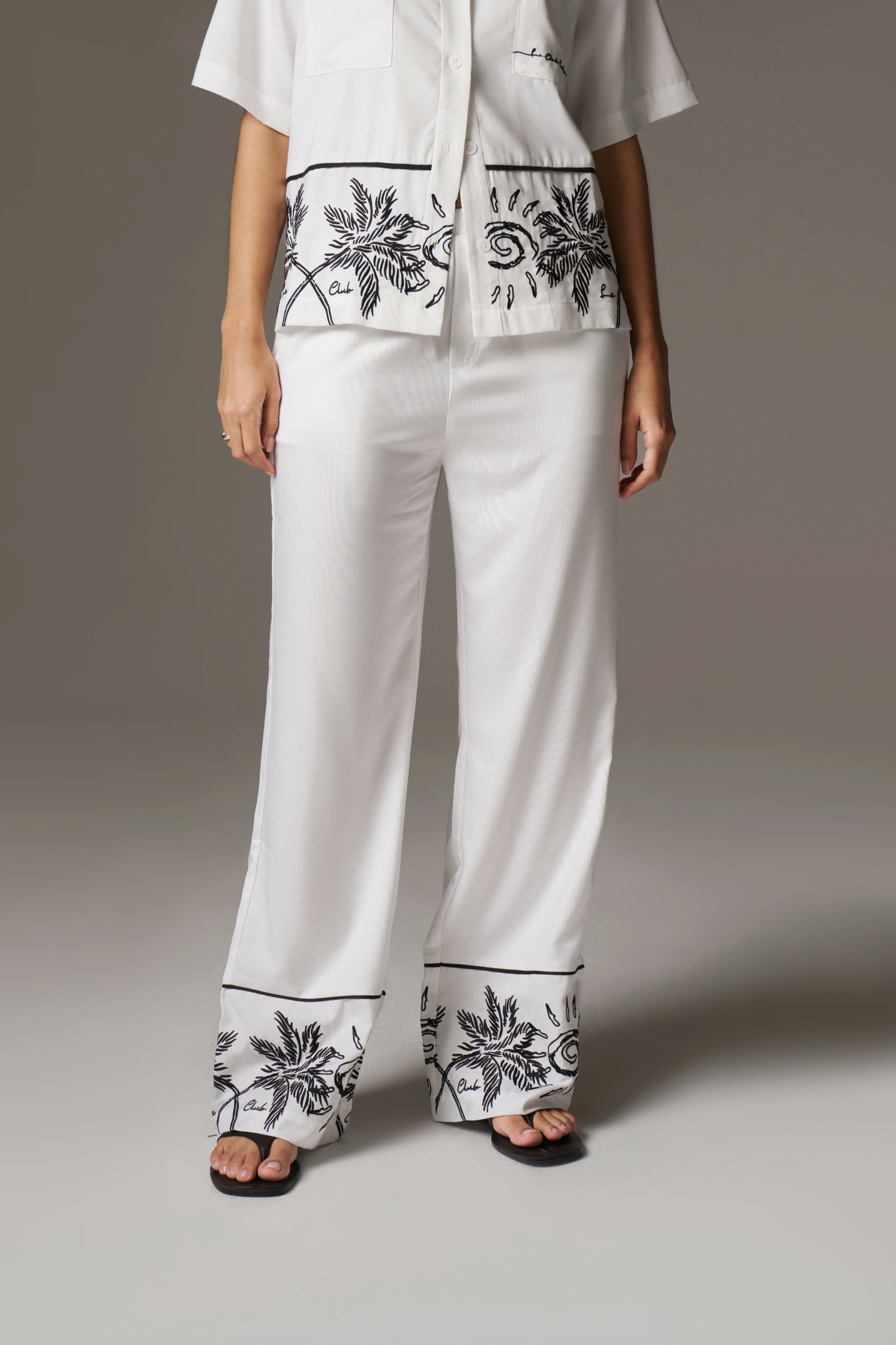 PALM EMBROIDERY WIDE LEG TROUSERS - WHITE