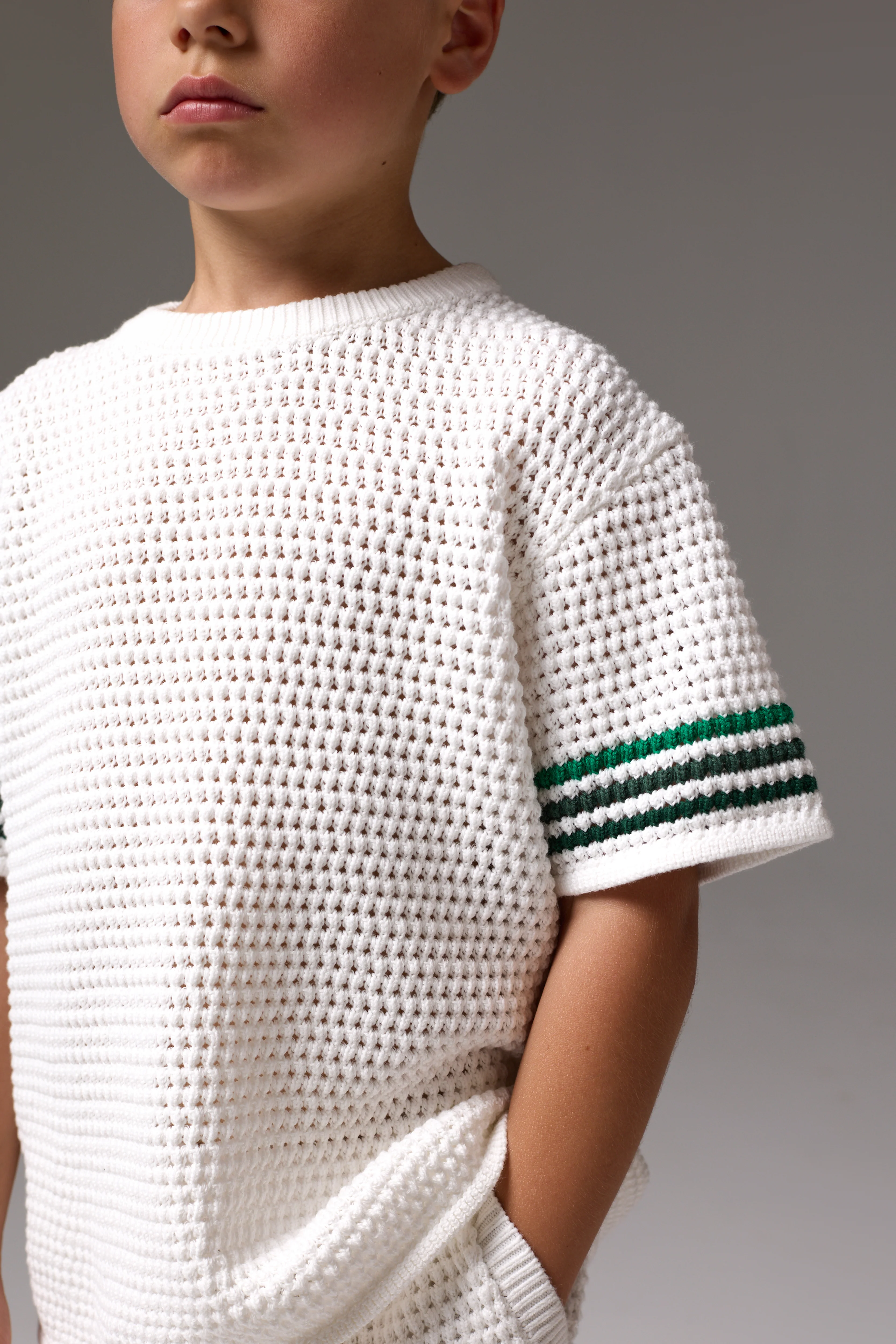 JUNIOR STRIPE CROCHET KNIT T-SHIRT - WHITE