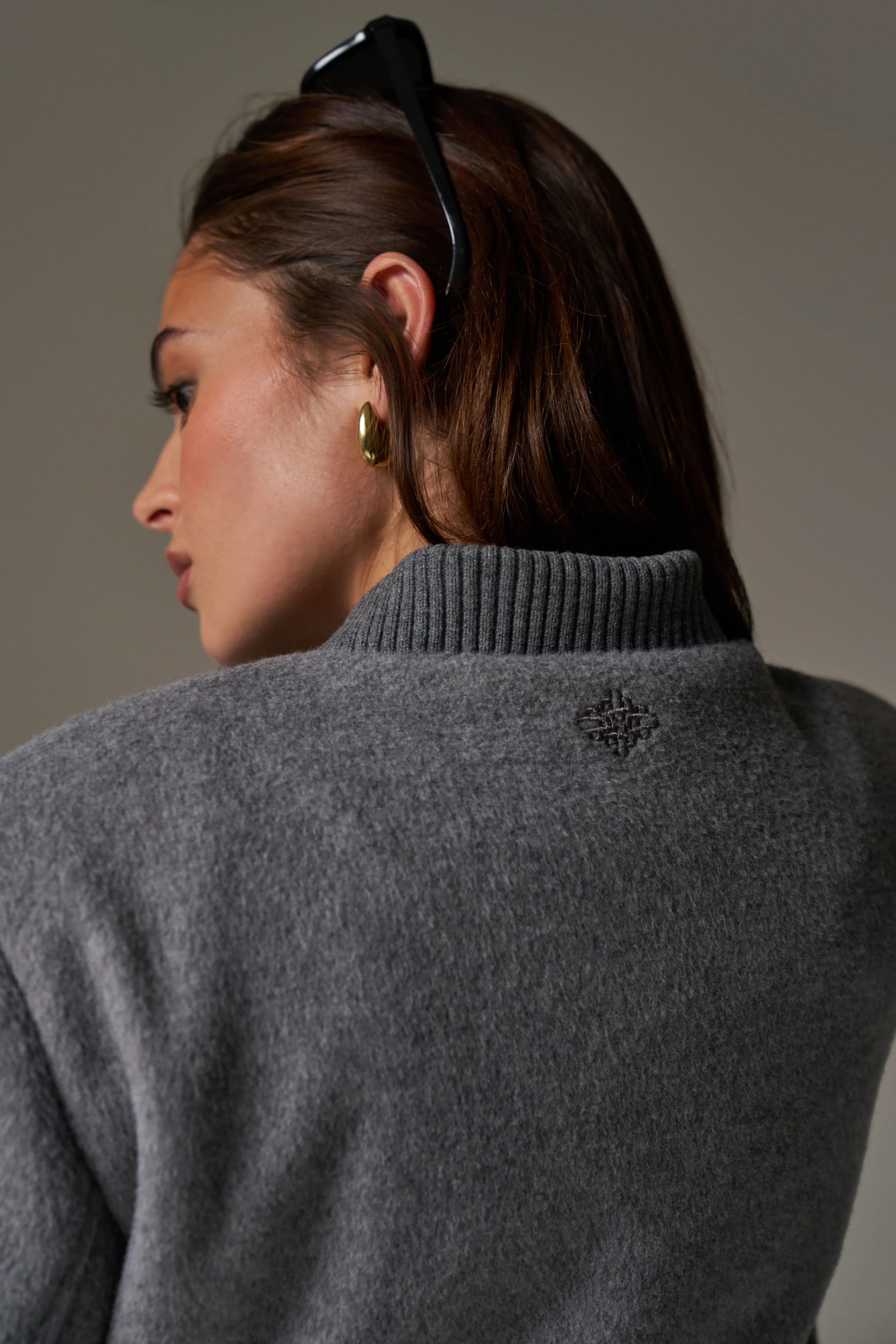 SHOULDER PADDED WOOL BLEND BOMBER JACKET - GREY MARL