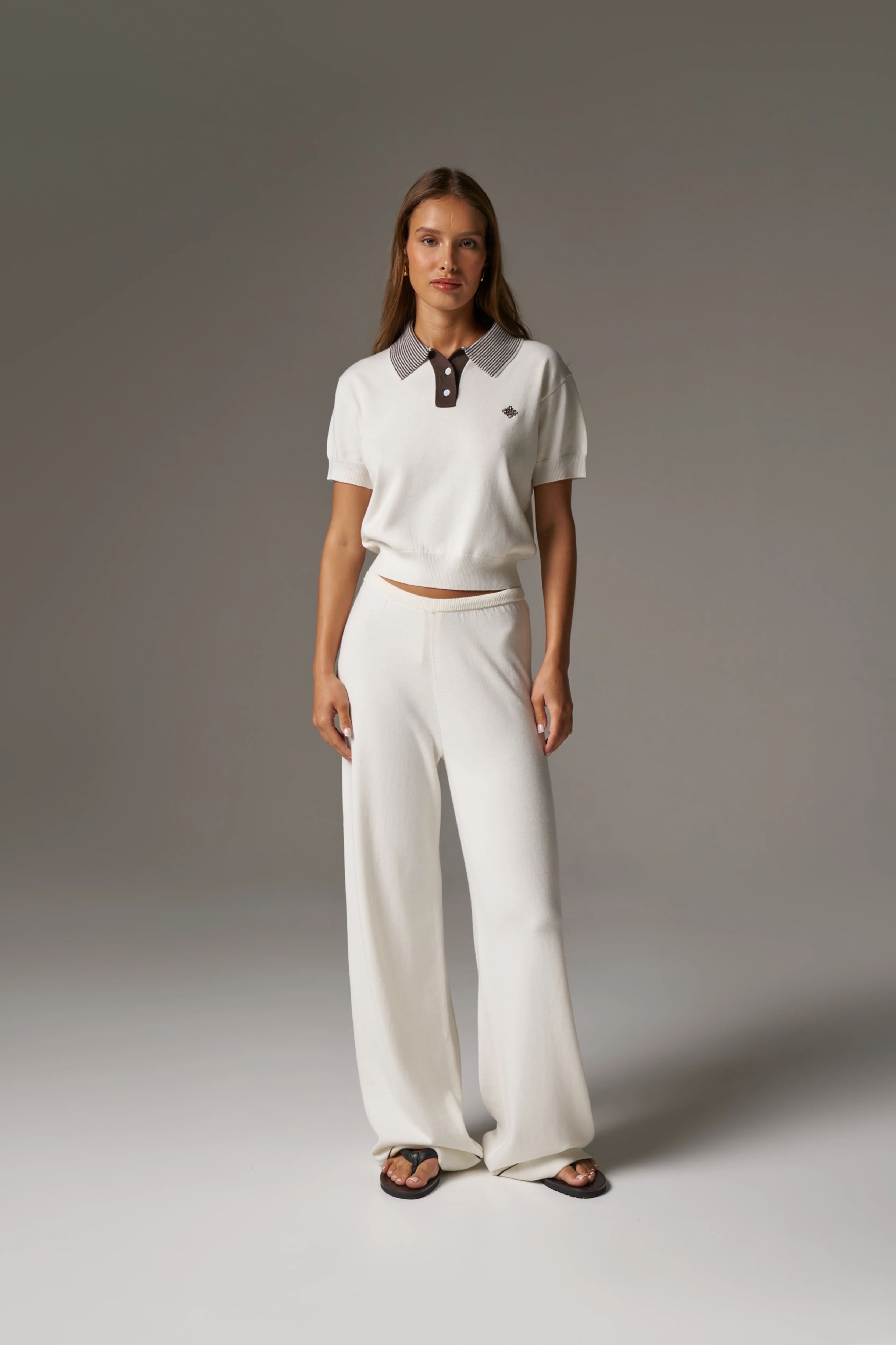 KNITTED COLLAR POLO TOP - CREAM