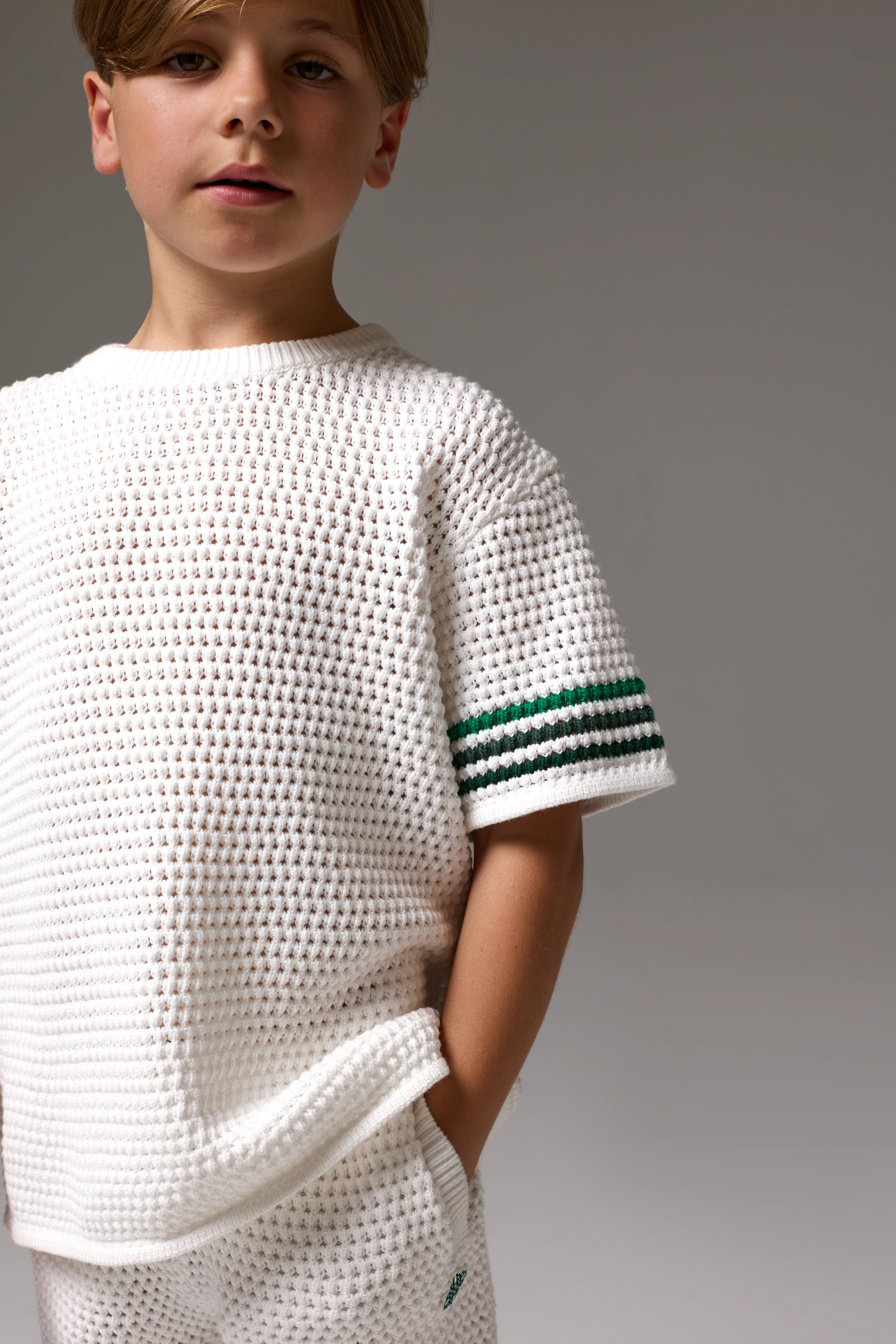 JUNIOR STRIPE CROCHET KNIT T-SHIRT - WHITE